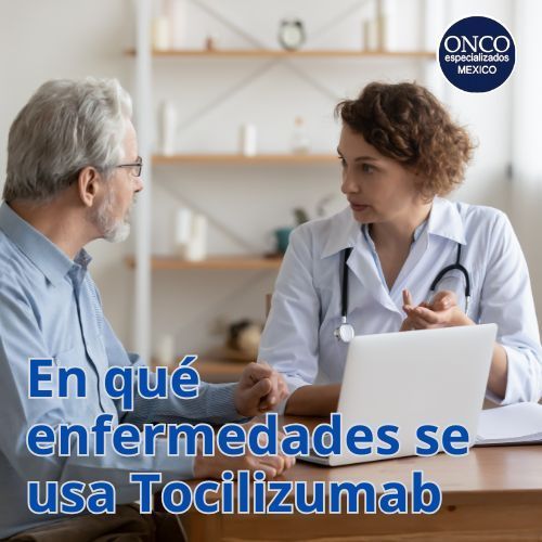 Médico explicando usos clínicos de Tocilizumab a paciente.