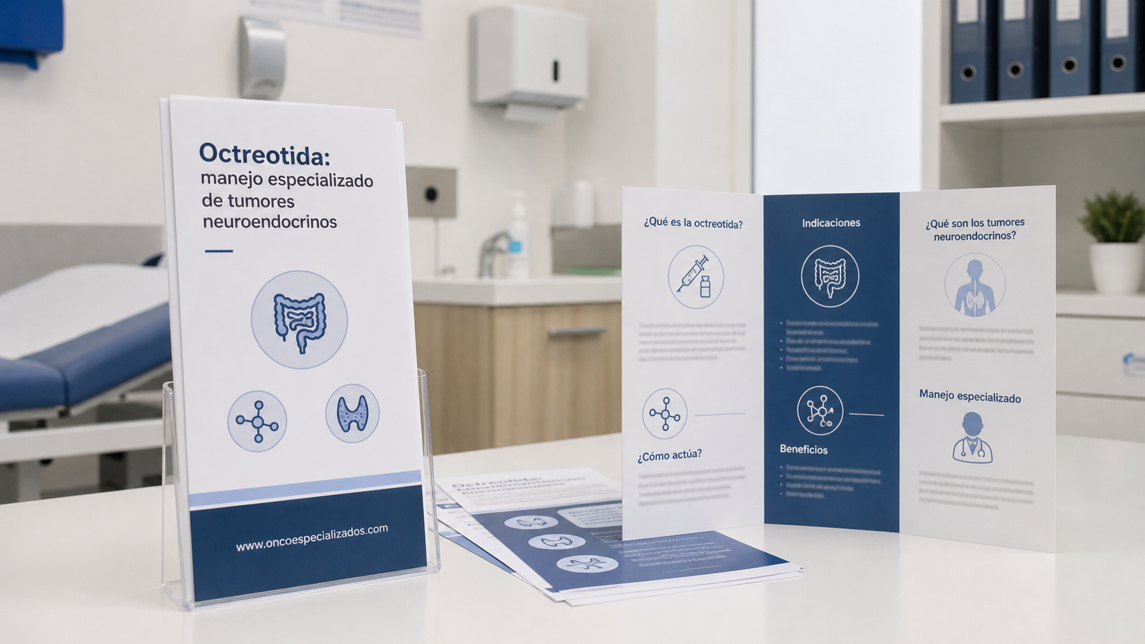 Exhibición de folletos con panfletos de temática sanitaria en azul y blanco sobre un escritorio en una oficina moderna.