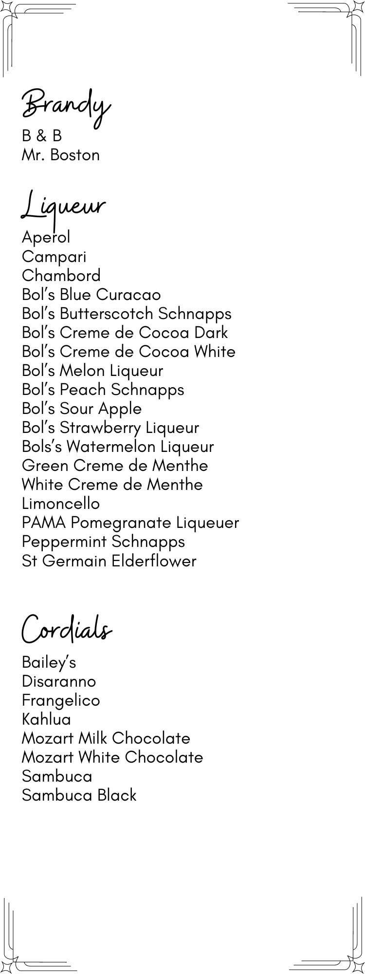 A menu with a list of ingredients and a list of drinks.