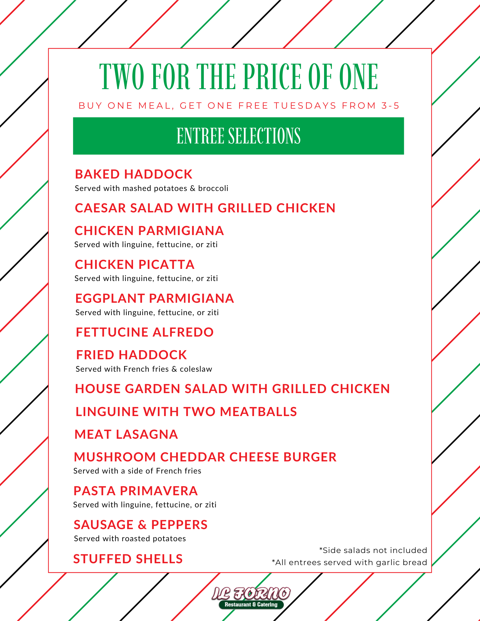 Martini Tuesdays menu: Three-course dinner for two, $79. Choice of martinis and entrees. Includes pumpkin cheesecakes.