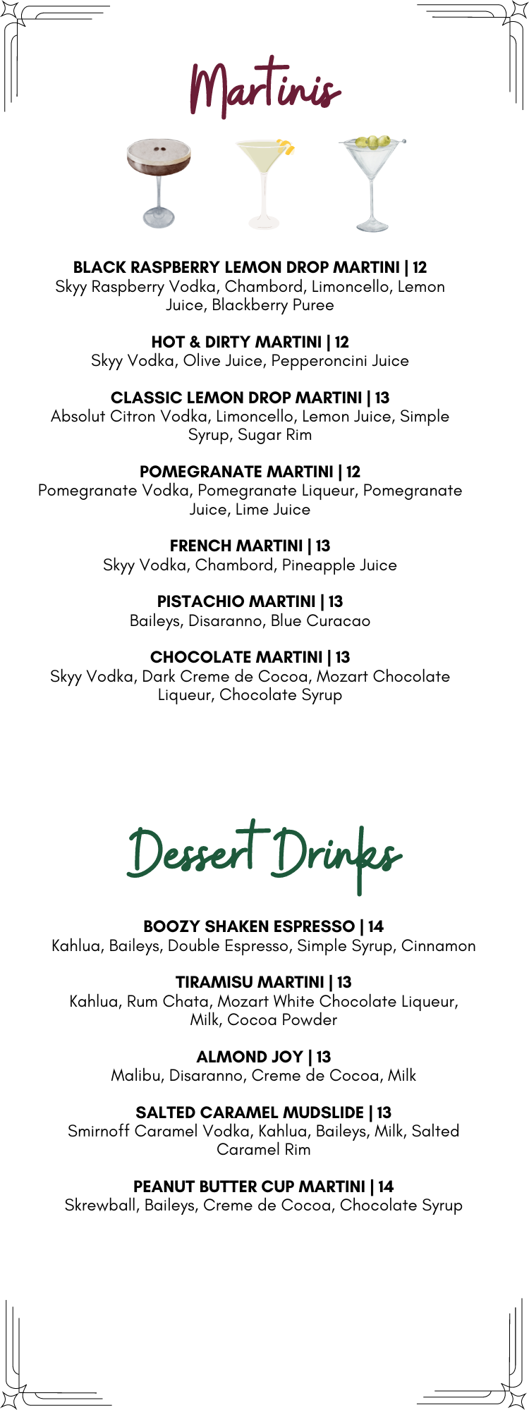 A menu for a restaurant shows a variety of drinks and desserts.