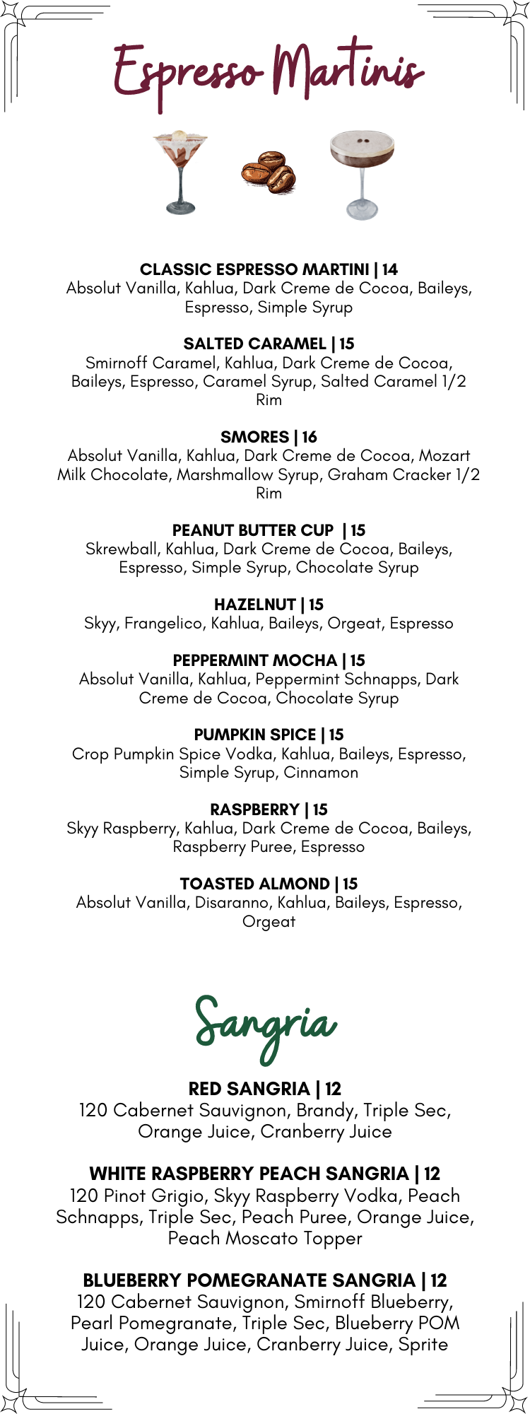 A menu for a restaurant called espresso martini 's