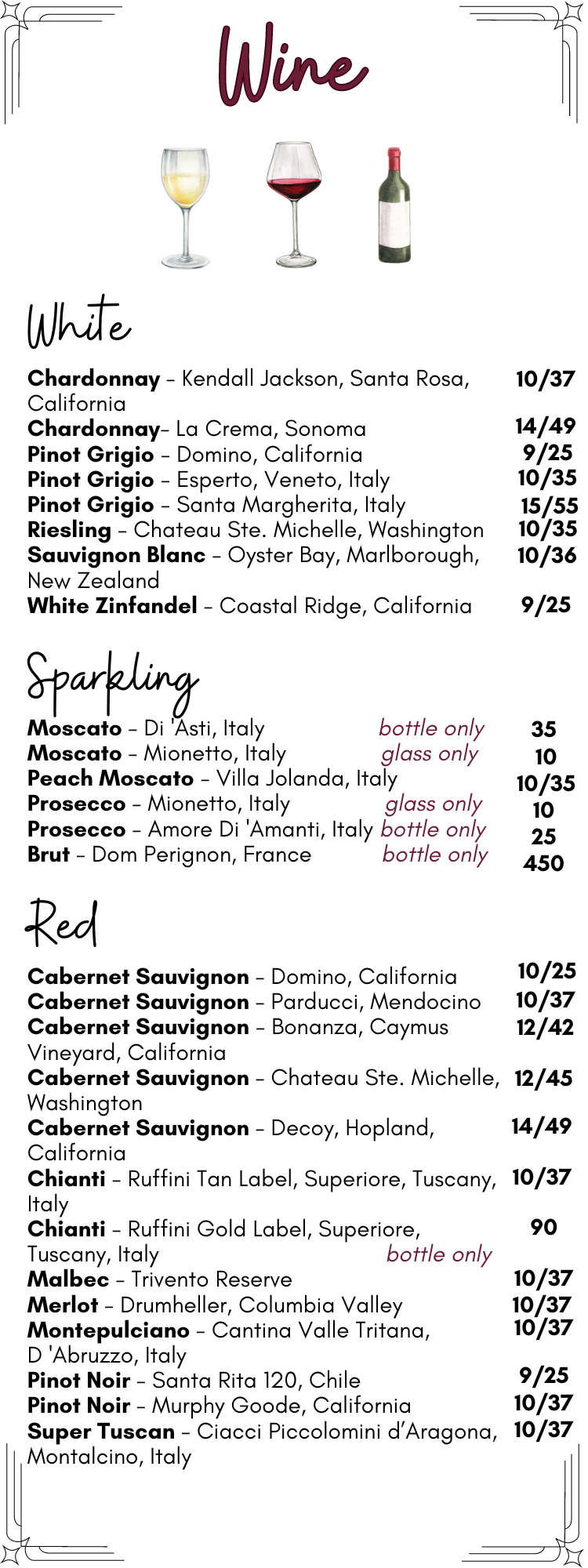 A wine menu with a bottle of wine , glasses of wine , and prices.