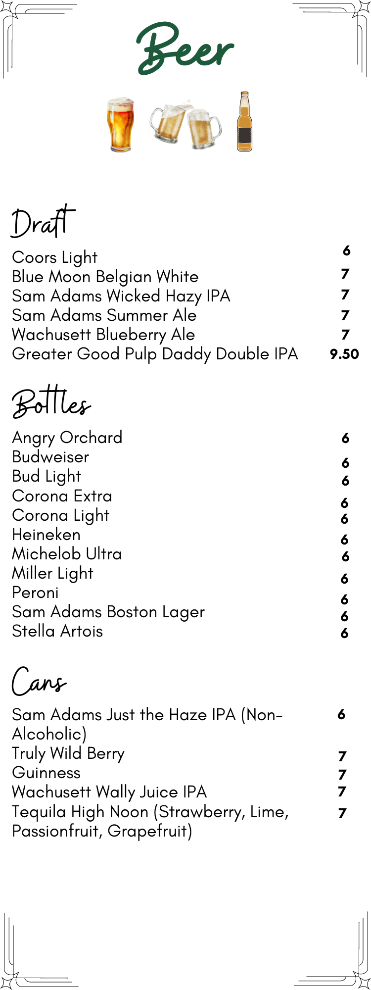 A menu for a restaurant shows a variety of beer.