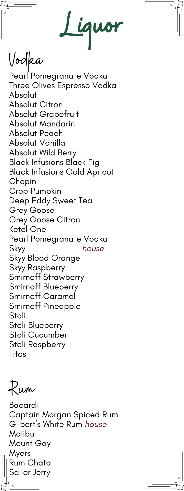 A list of liquors on a white background