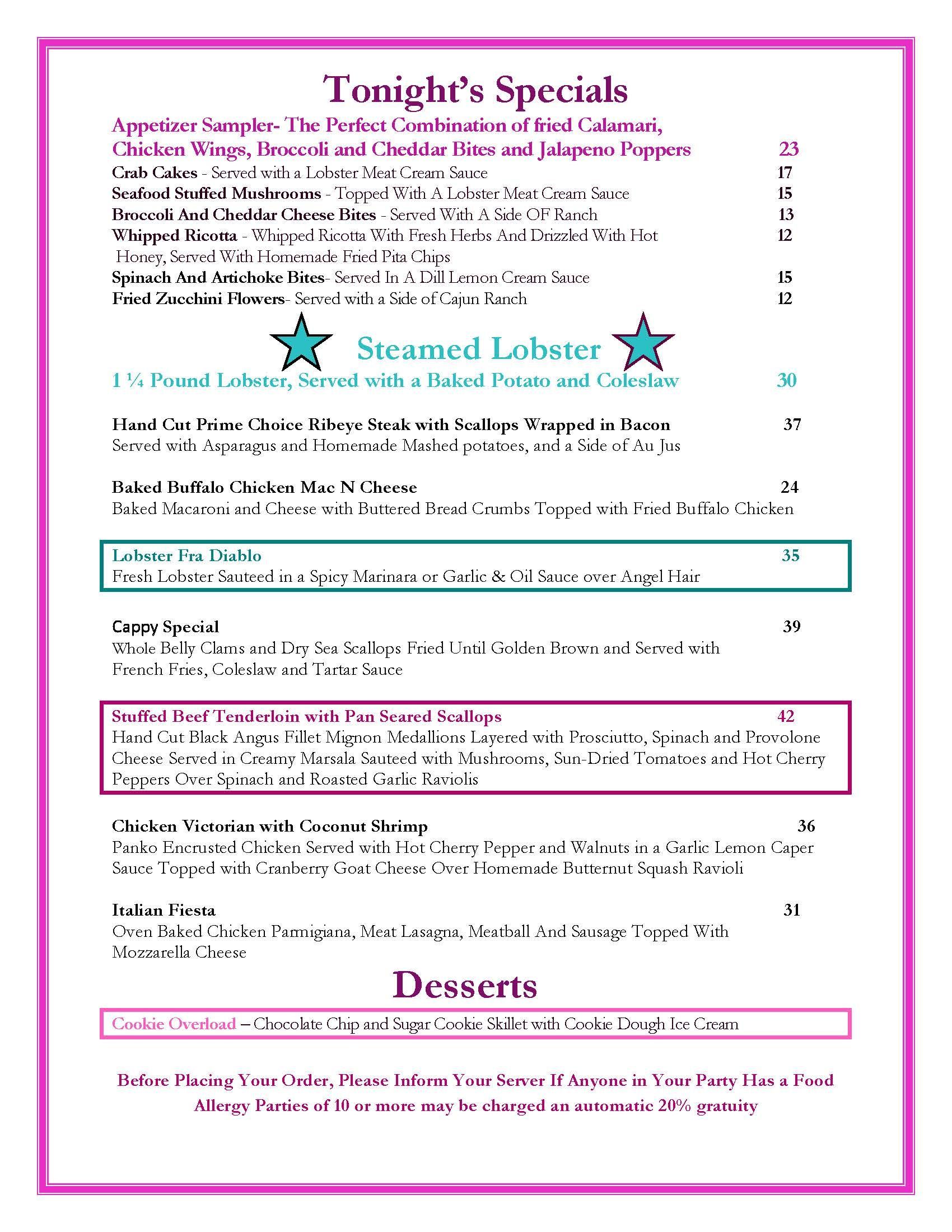 A menu for a restaurant called soup of the day appetizers