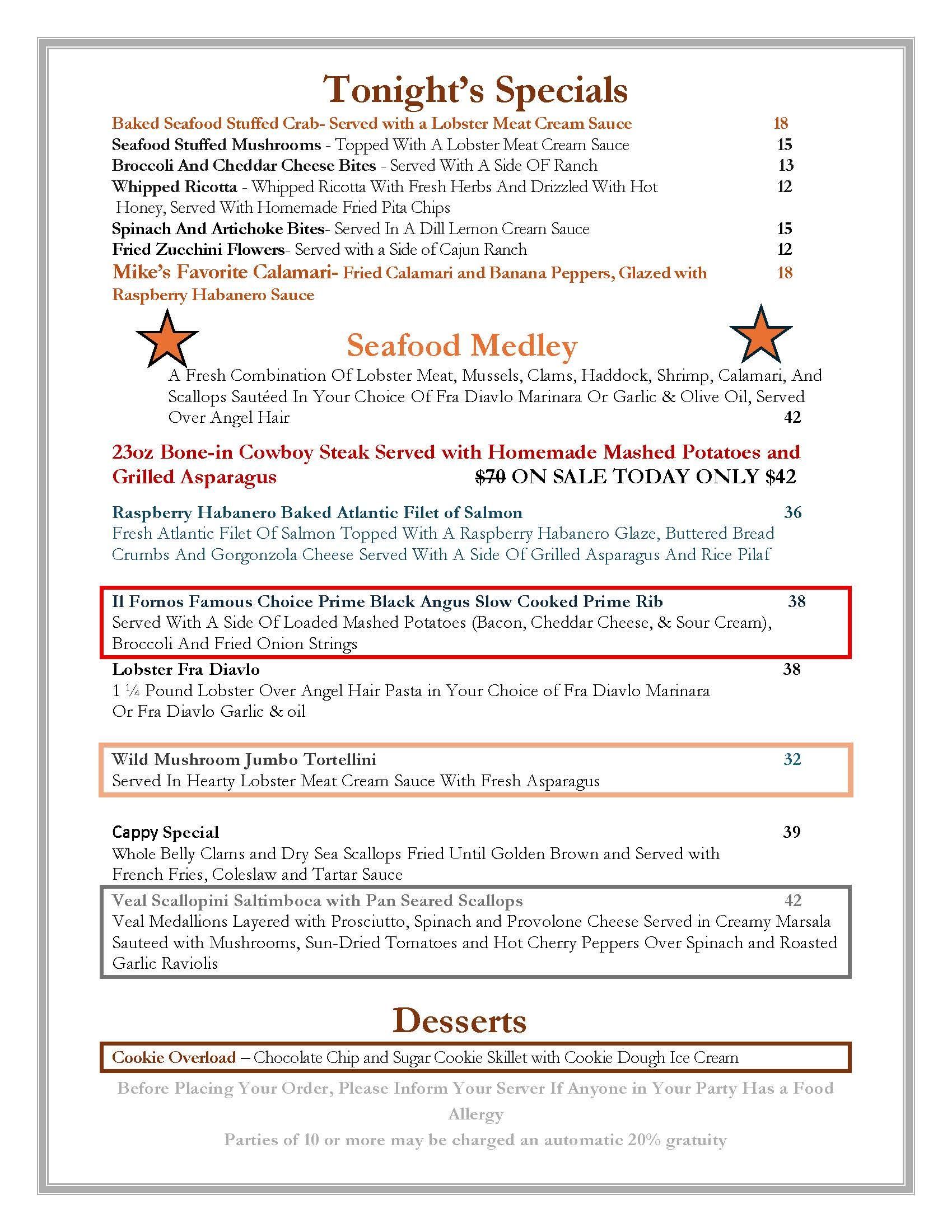 A menu for a restaurant called soup of the day appetizers