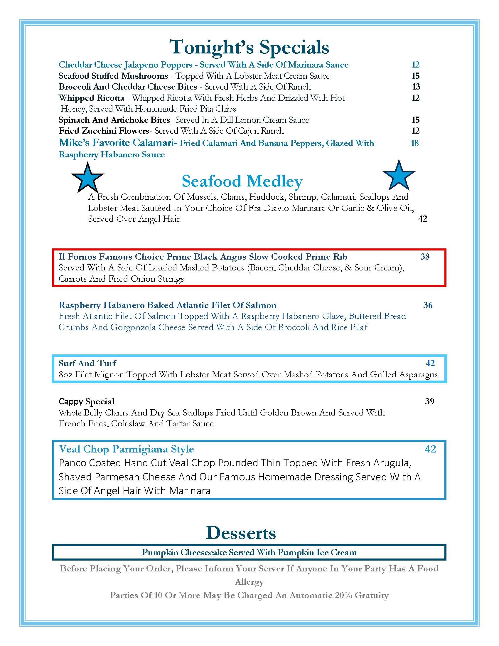 A menu for a restaurant called soup of the day appetizers