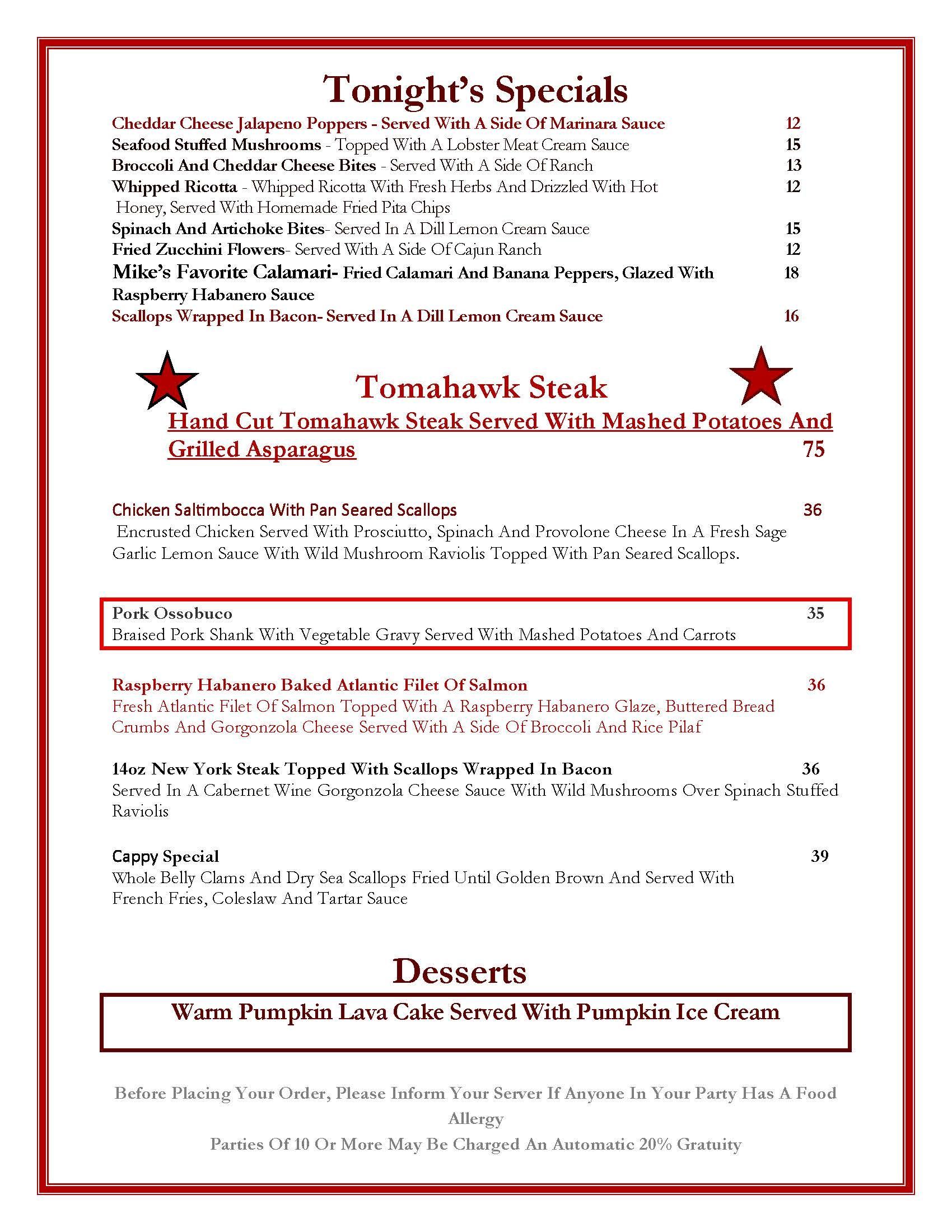 A menu for a restaurant called soup of the day appetizers