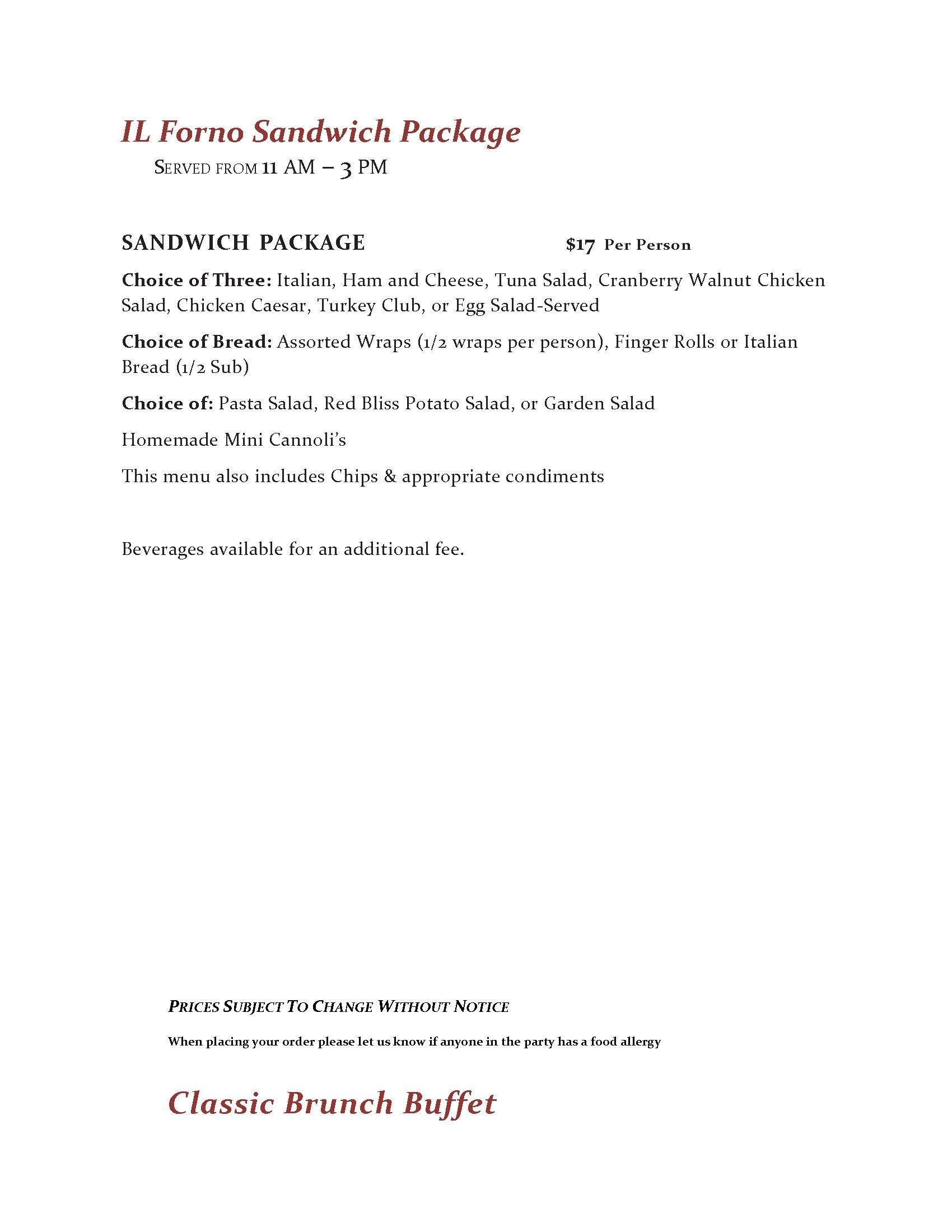 A menu for a sandwich package with a classic brunch buffet.