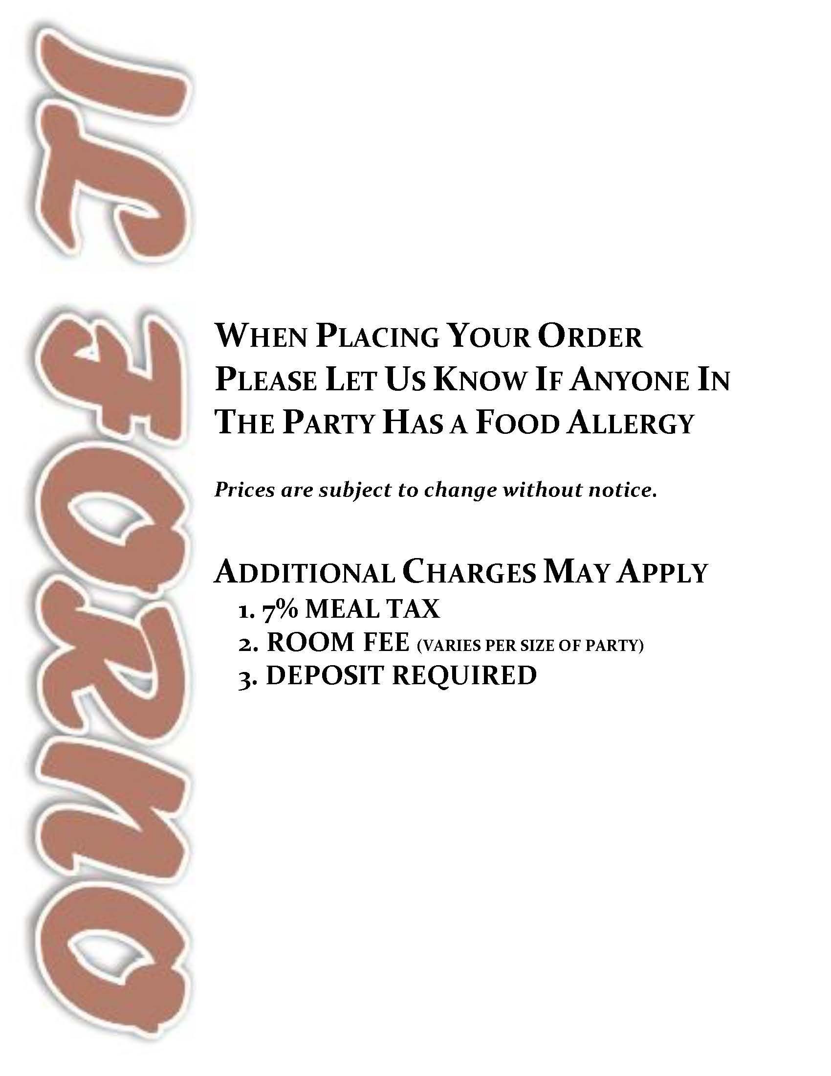 A menu for a restaurant that says when placing your order please let us know if anyone in the party has a food allergy