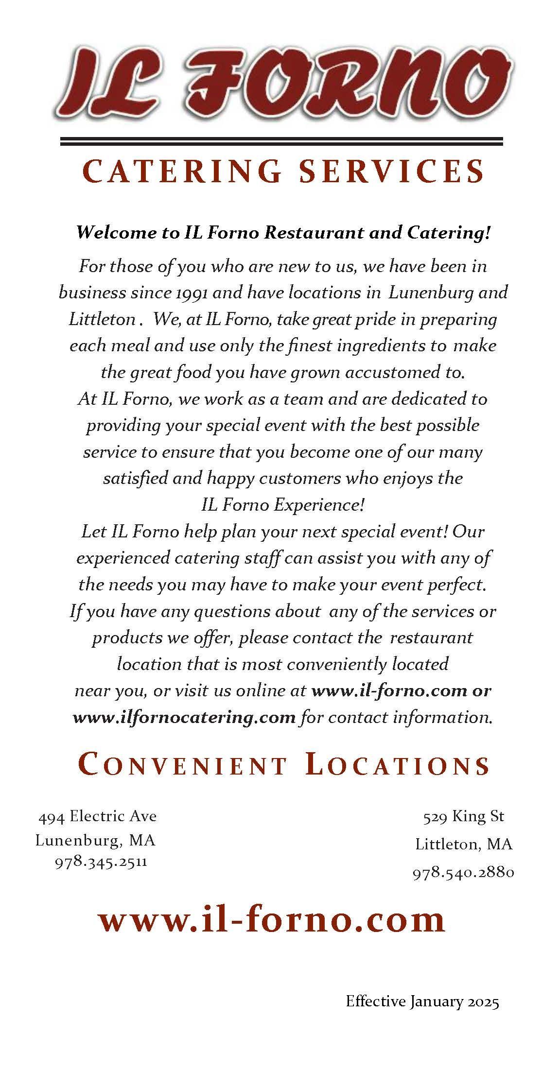 A flyer for il forno catering services is displayed on a white background.