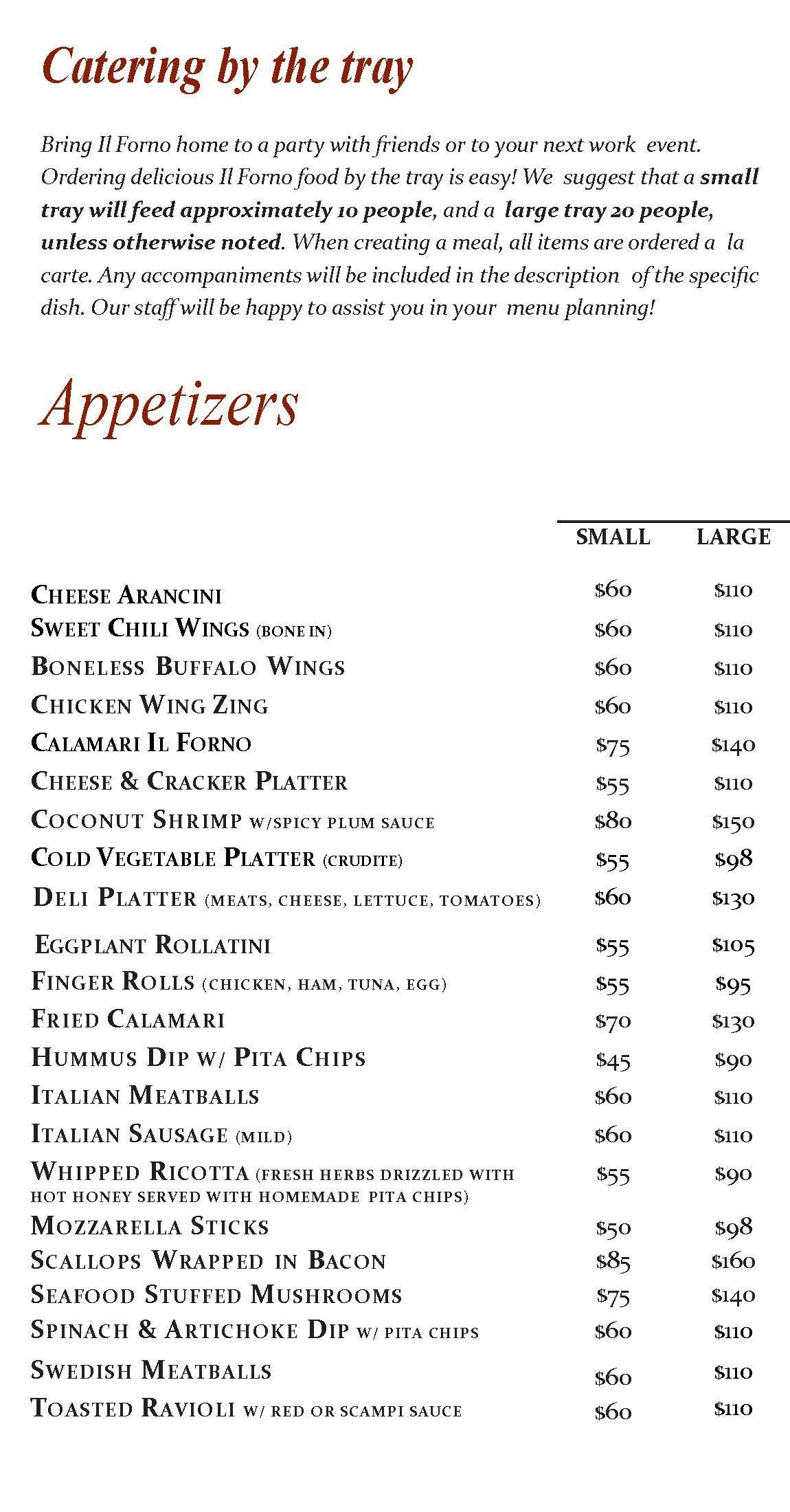A menu for catering by the tray and appetizers