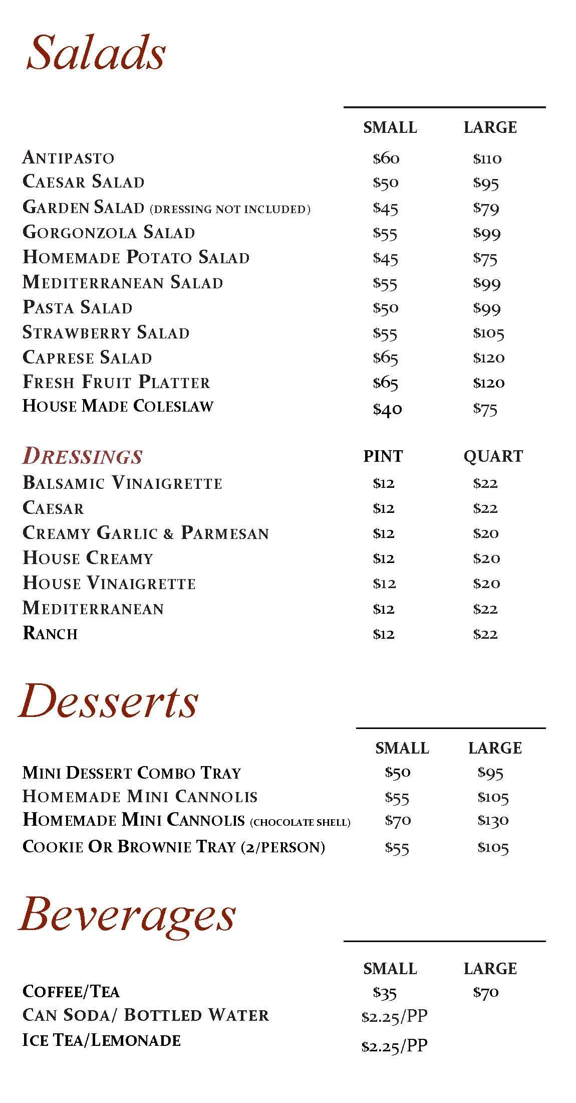 A menu for a restaurant shows salads , desserts , and beverages.