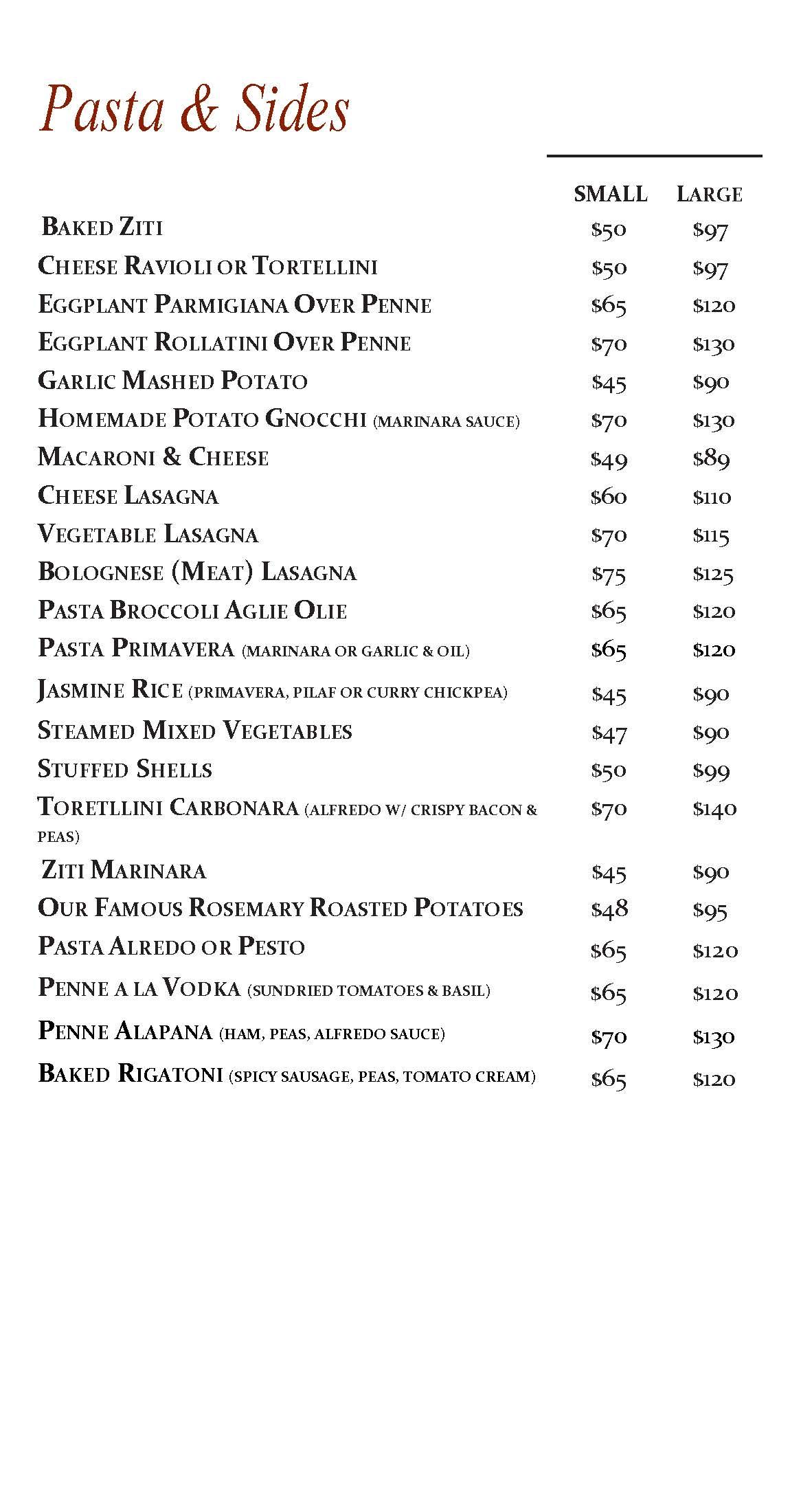 A menu for a restaurant shows a list of pasta and sides and sauces.