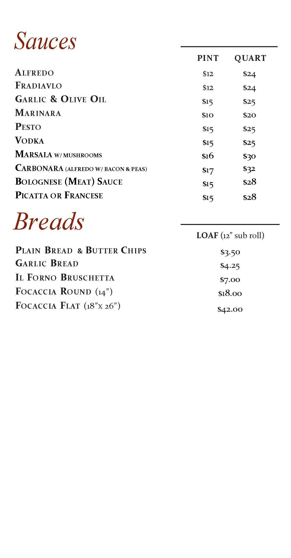 A menu for a restaurant shows breads pizza sheet and seafood