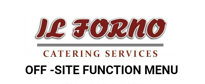 Logo for Il Forno Catering Services. Maroon script text with gray outline over a gray line; black text below.
