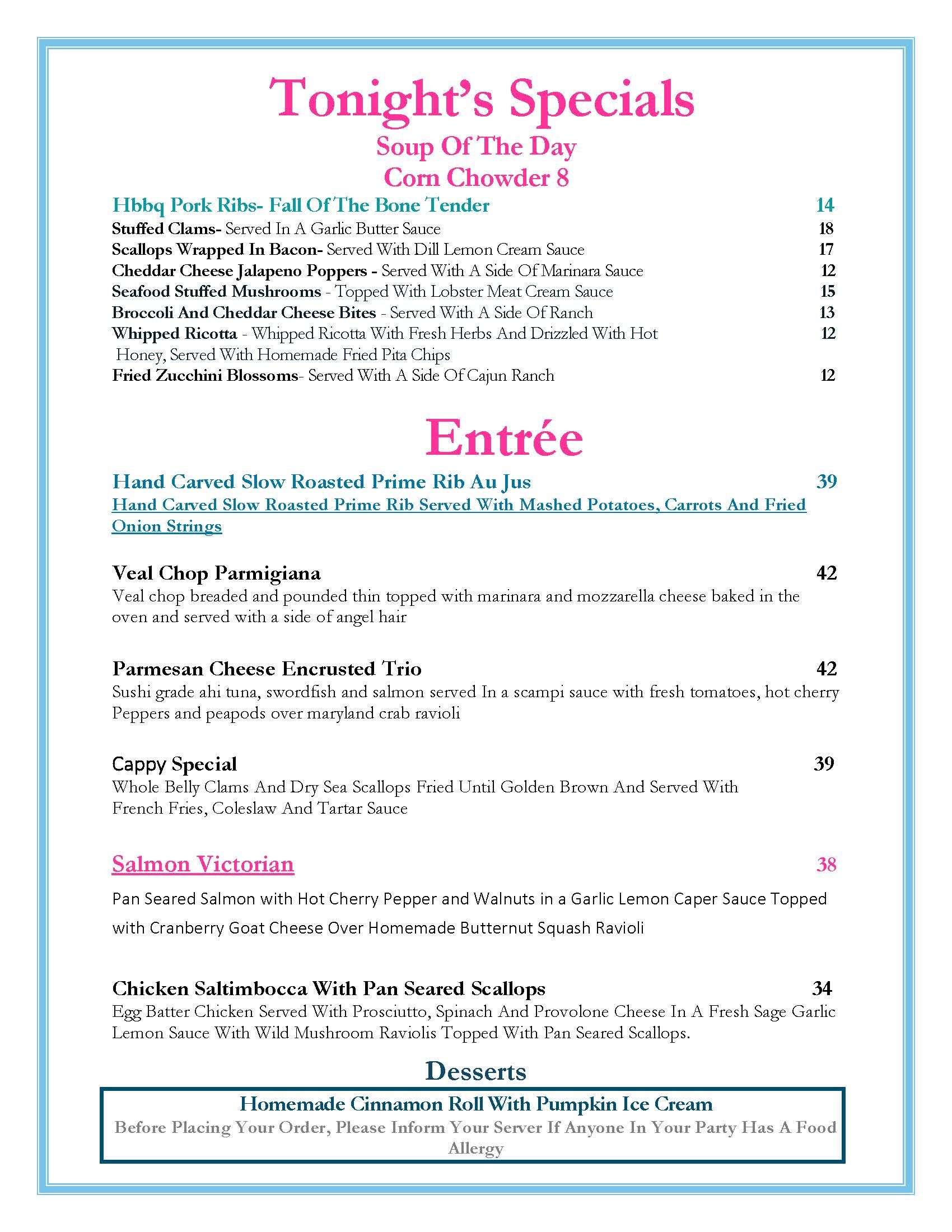 Restaurant menu with 