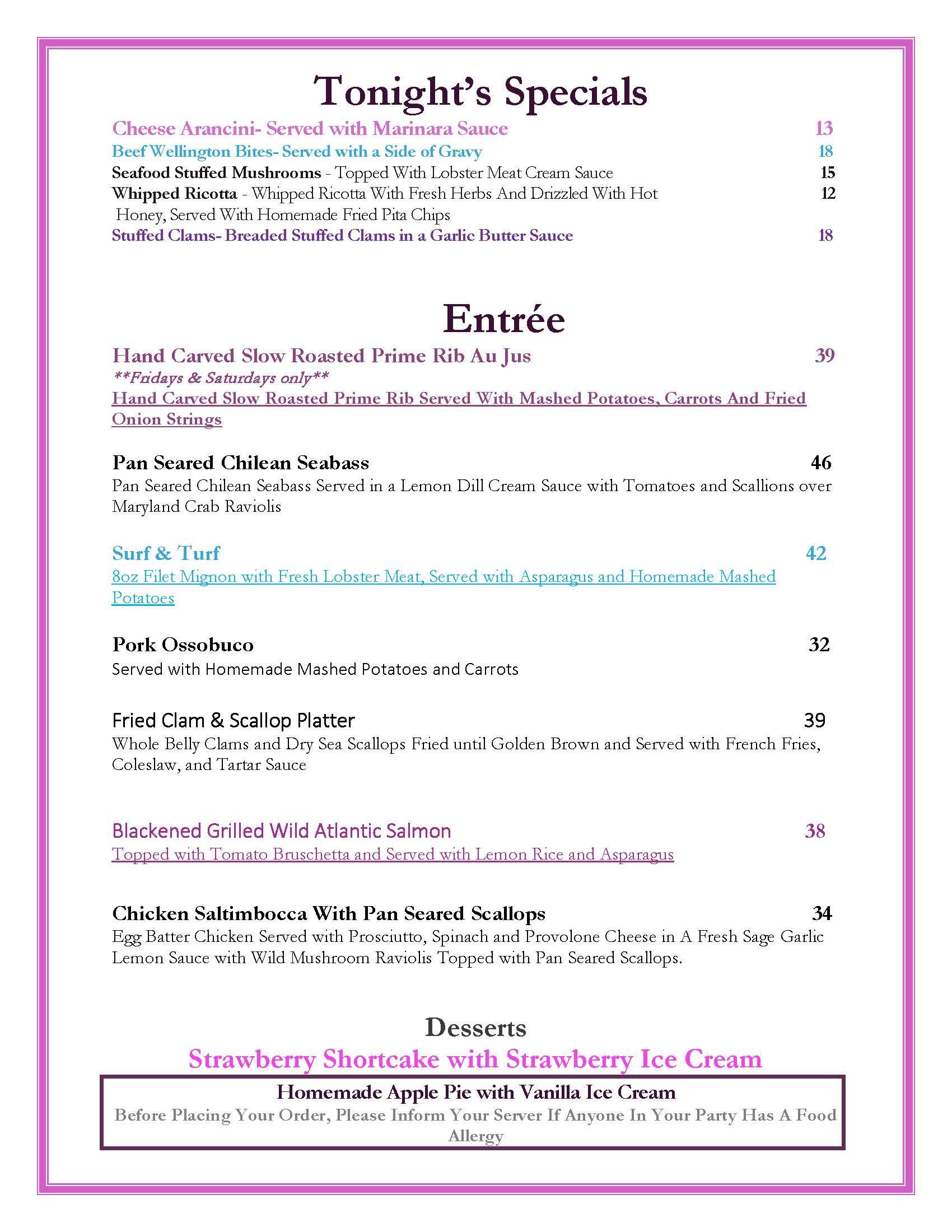 A restaurant menu titled 