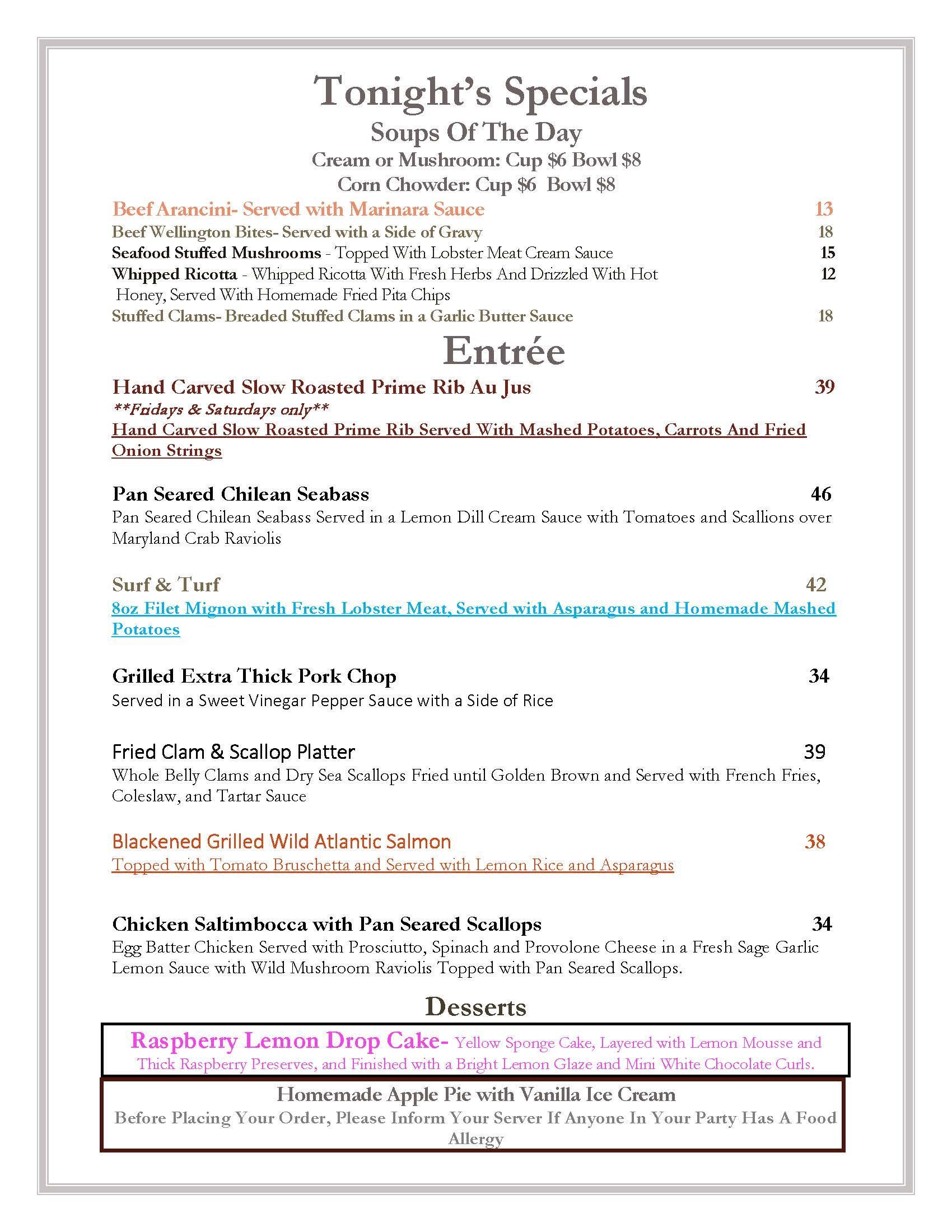 A restaurant menu titled 
