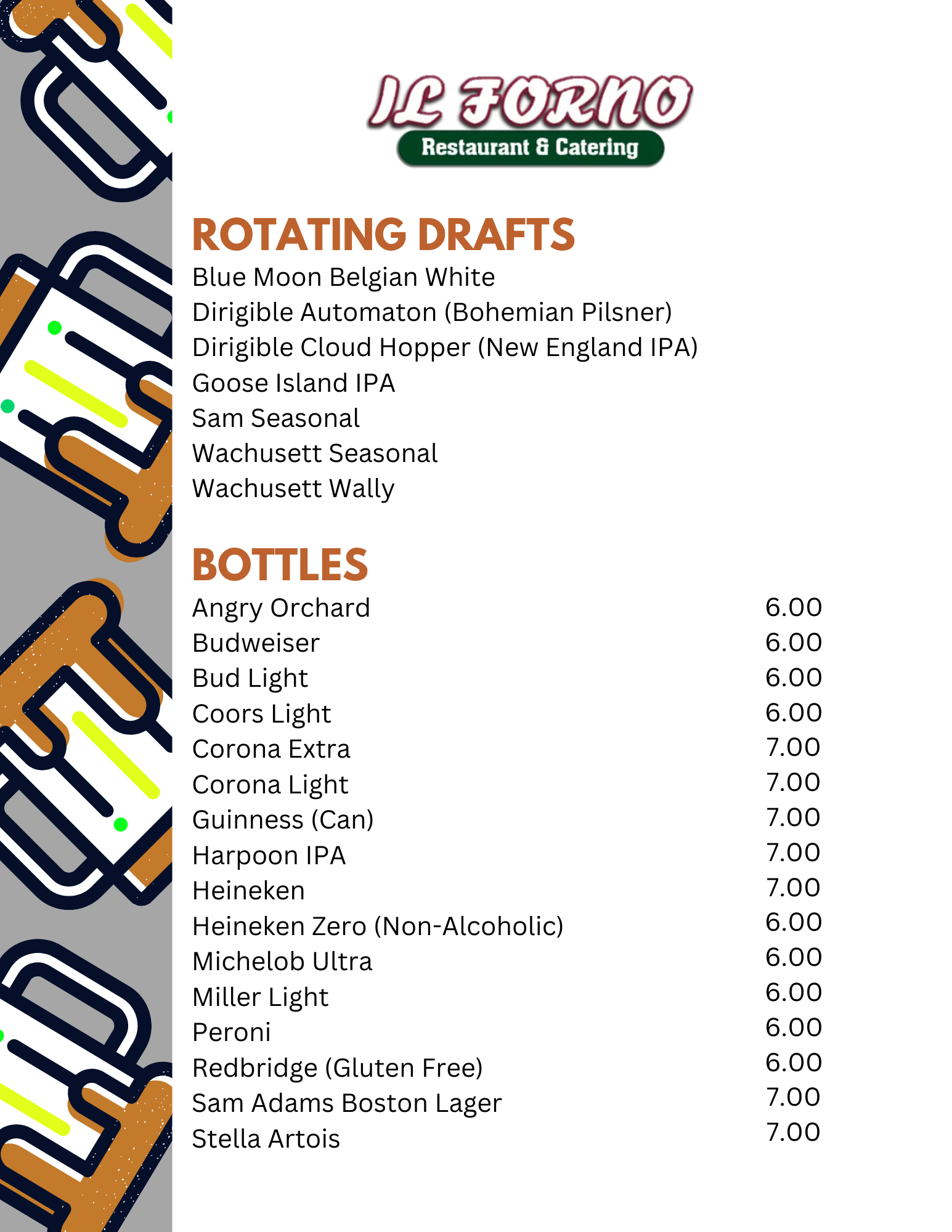 A menu for a restaurant with a list of draft bottles.