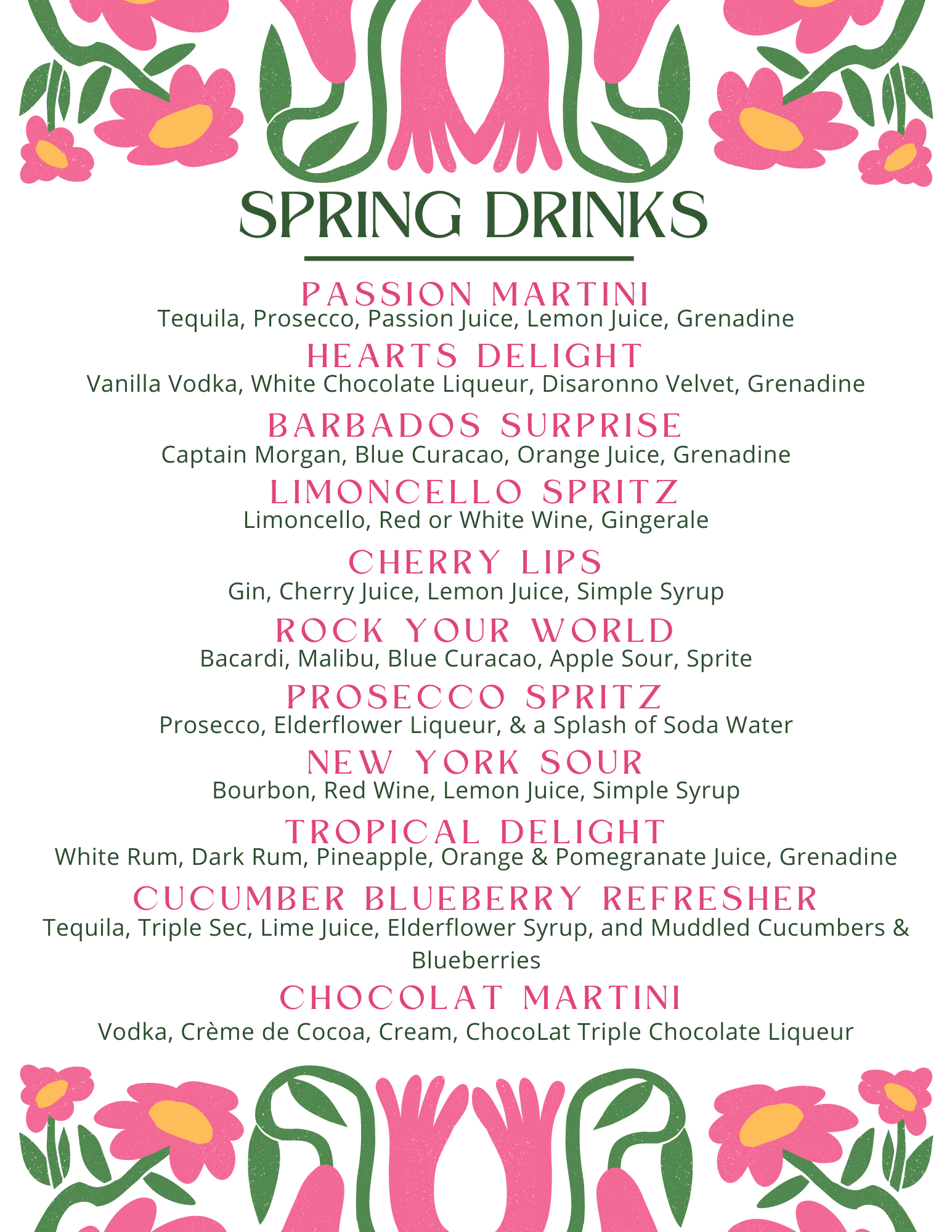 A menu for spring drinks with pink flowers and green leaves