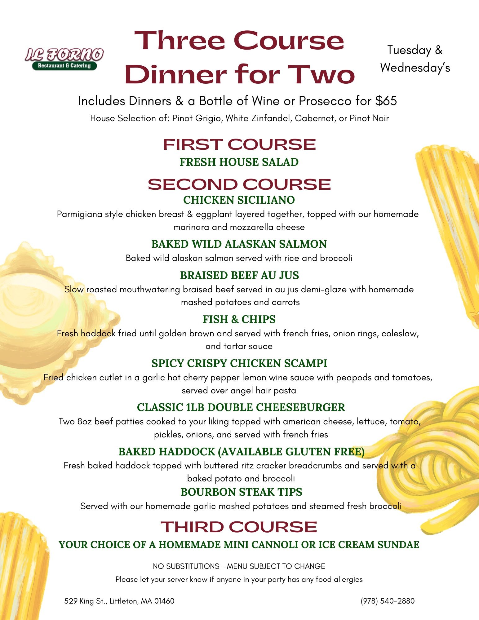 A menu for a three course dinner for two