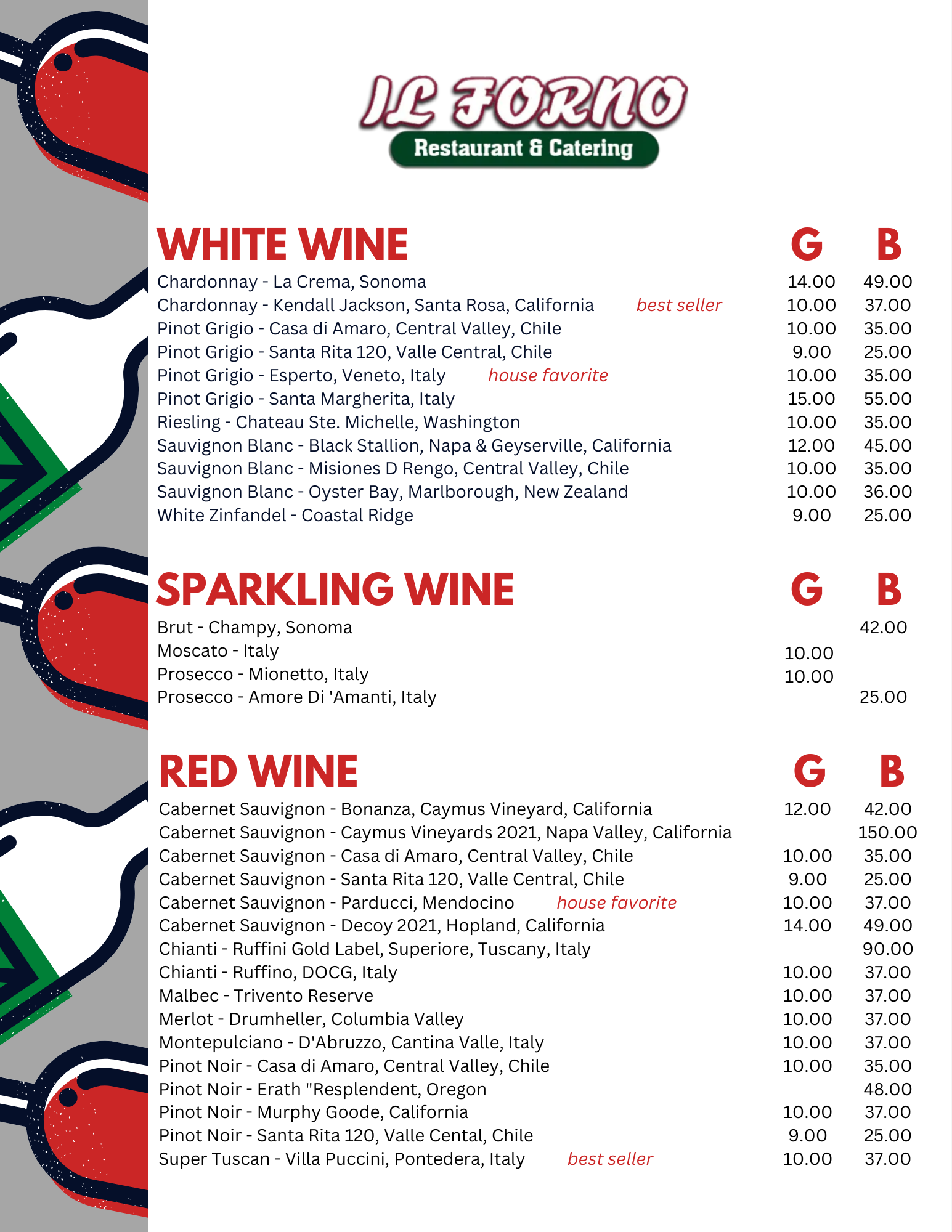 A menu for a restaurant shows white wine , sparkling wine , and red wine.