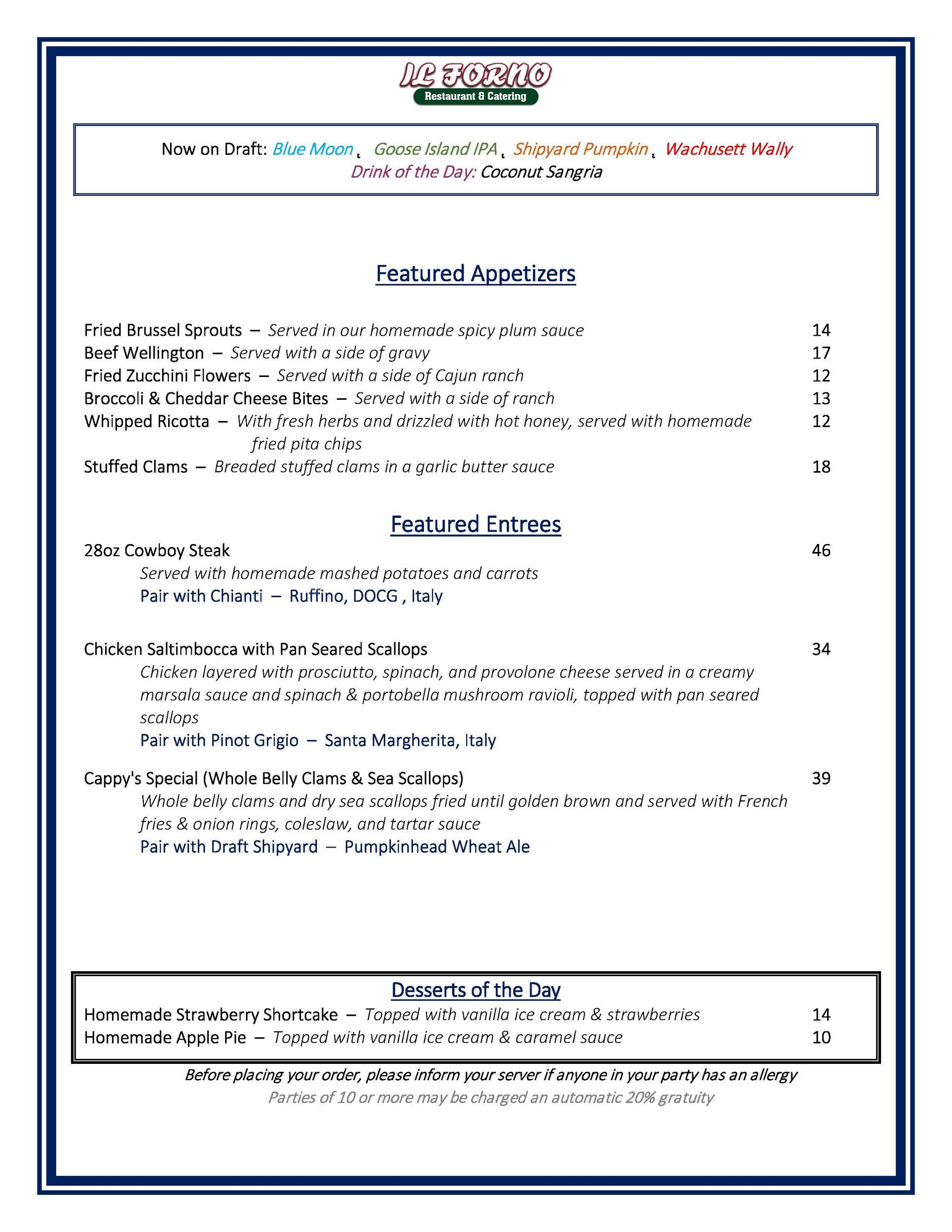 A menu for a restaurant with appetizers and desserts