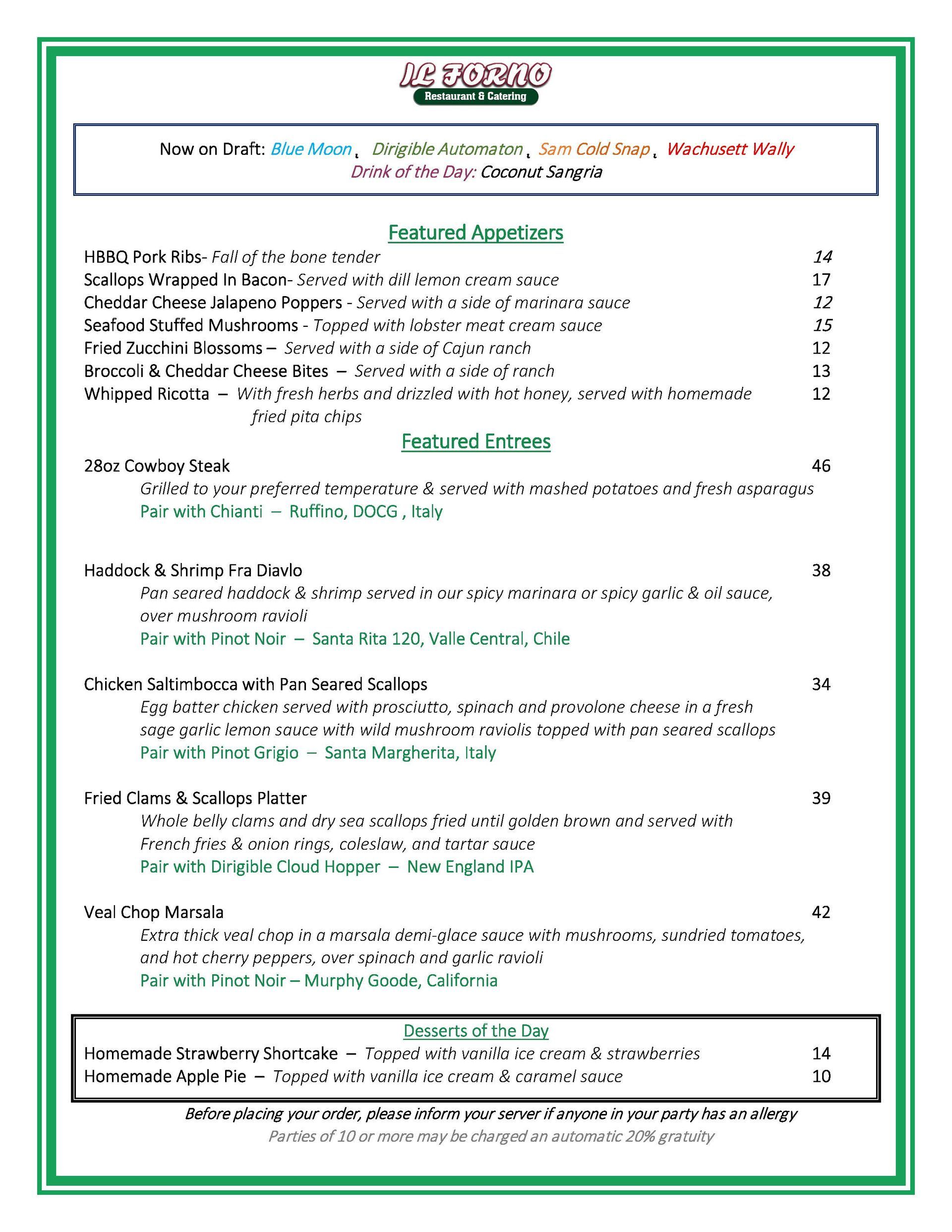 A menu for a restaurant with appetizers and desserts