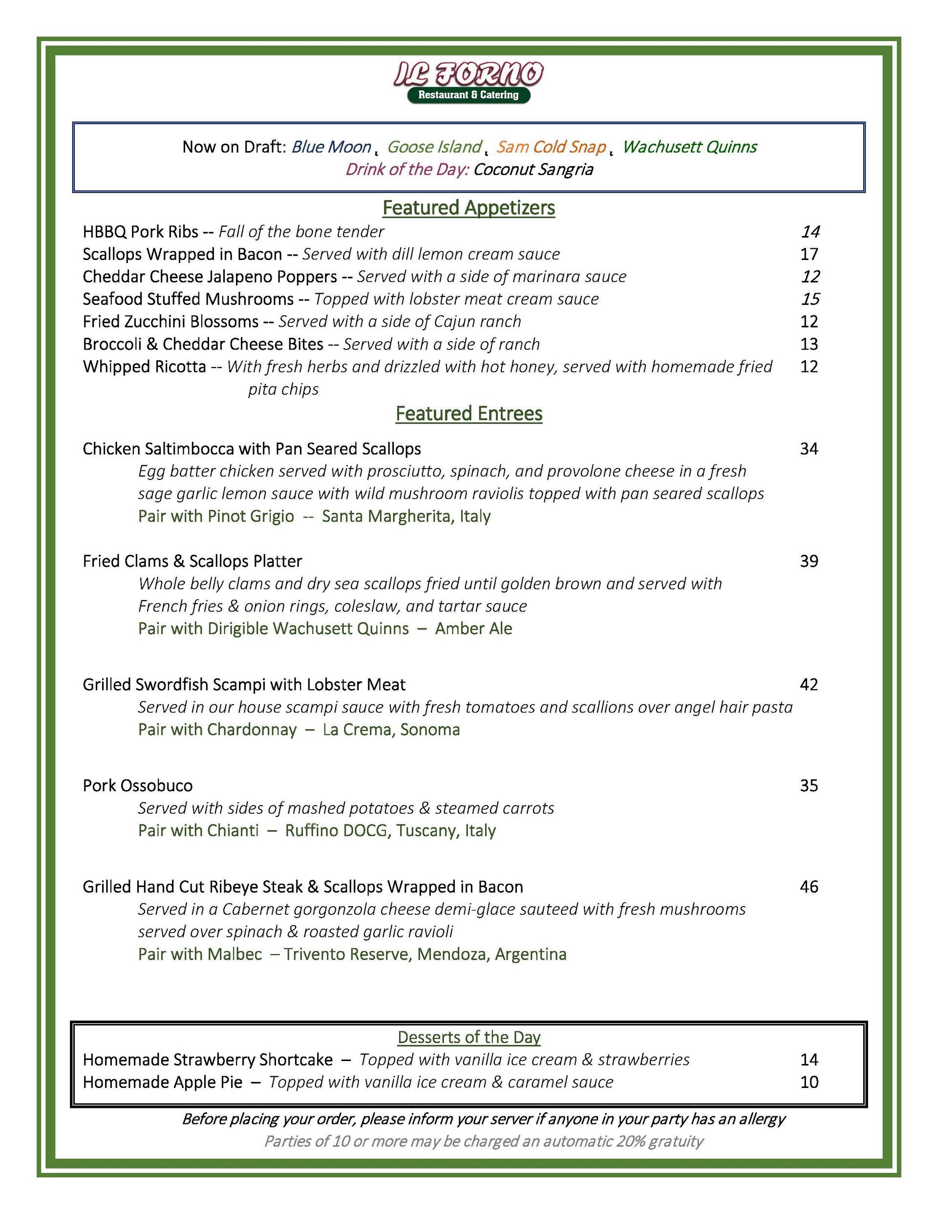 A menu for a restaurant with appetizers and desserts