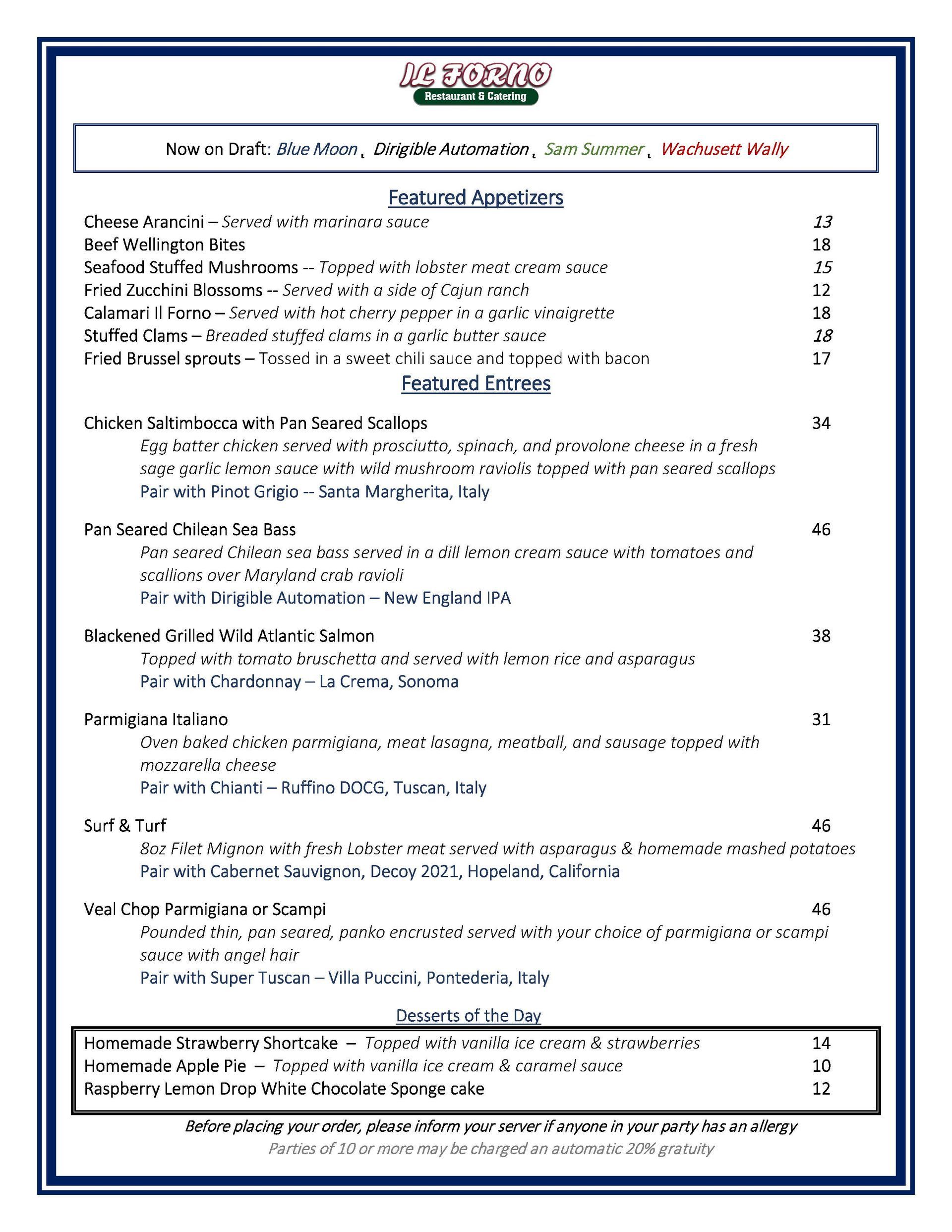 A menu for a restaurant with appetizers and desserts