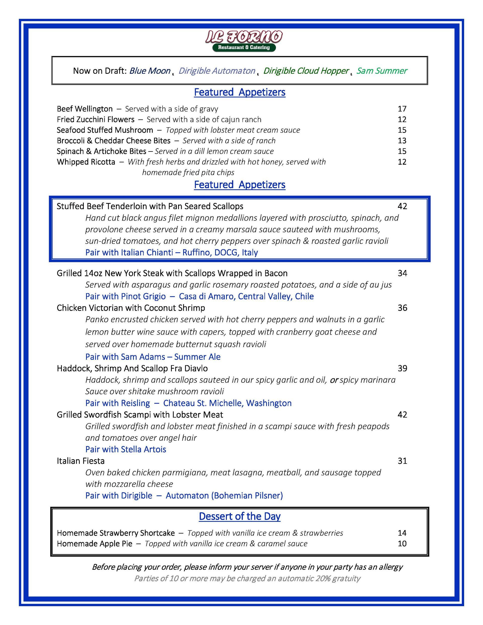 A menu for a restaurant with appetizers and desserts