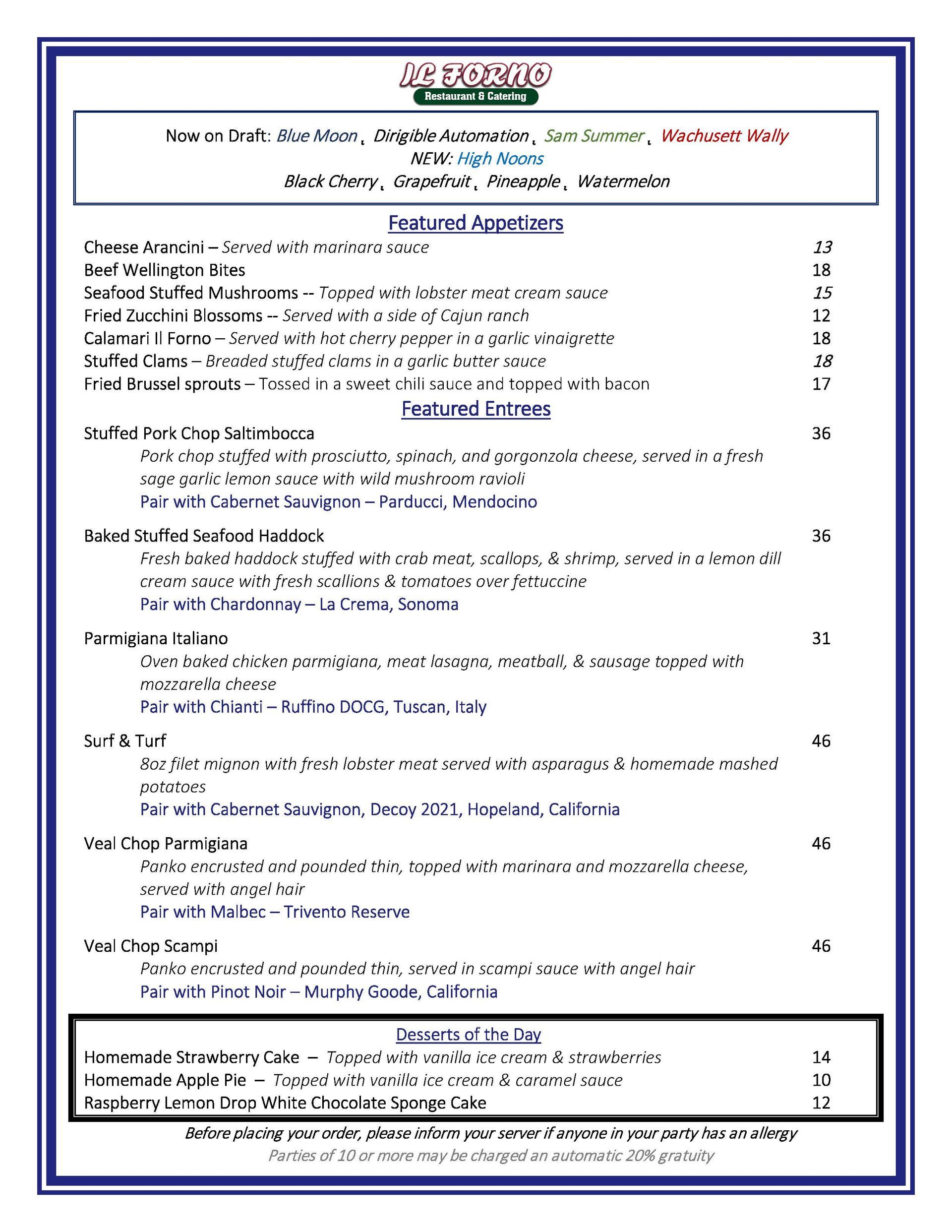 A menu for a restaurant with appetizers and desserts