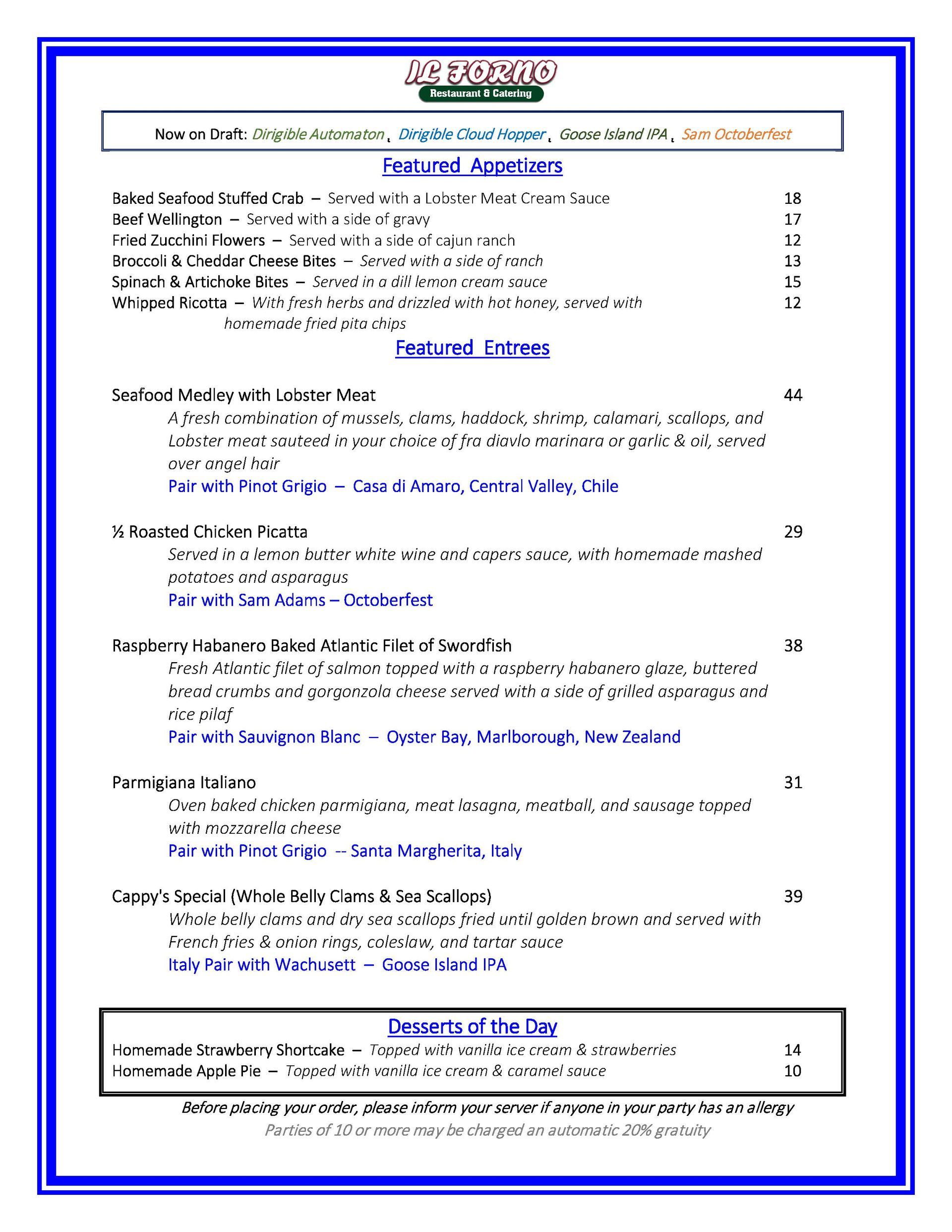 A menu for a restaurant with appetizers and desserts