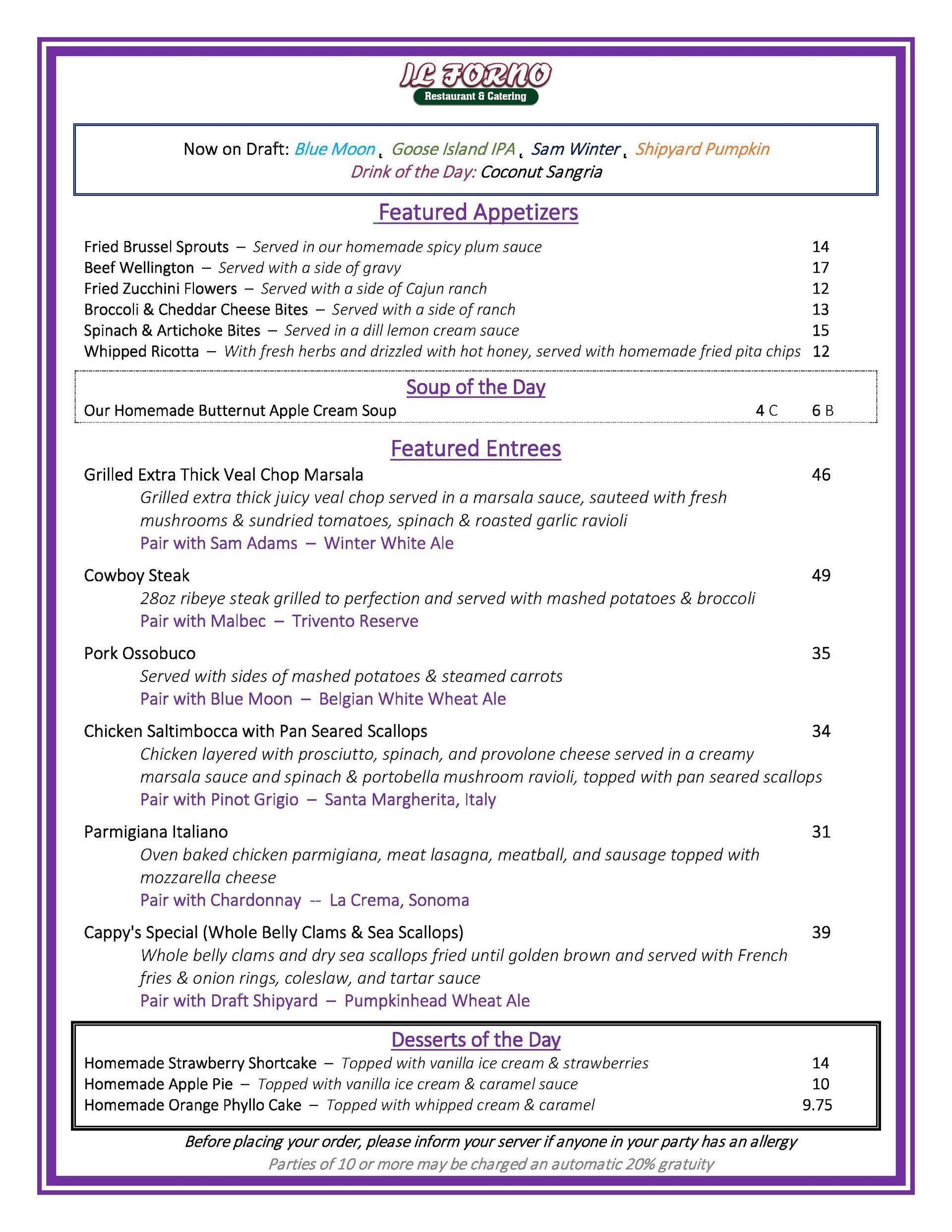 A menu for a restaurant with appetizers and desserts