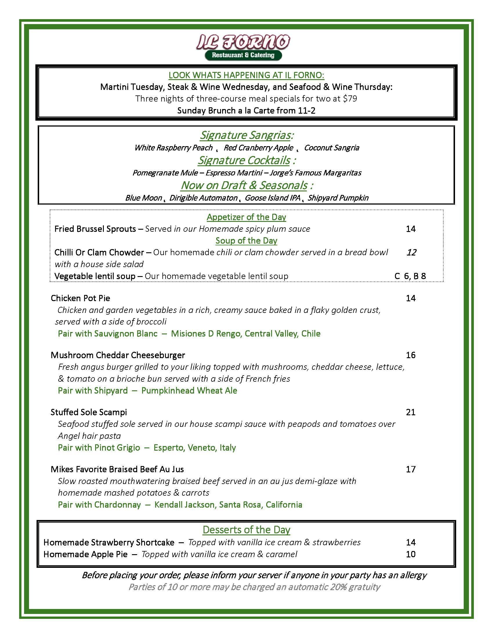 A menu for a restaurant with a green frame on a white background.