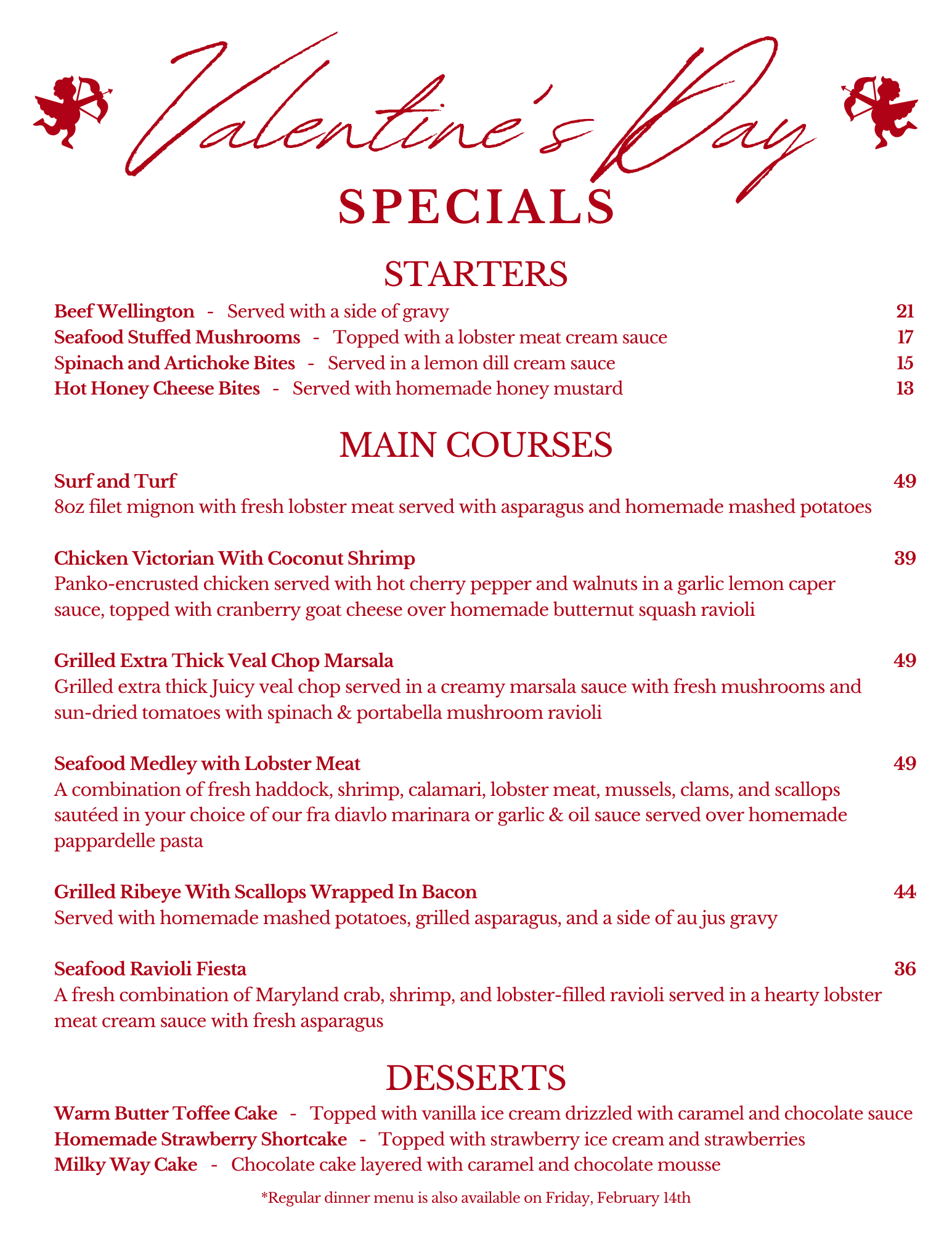 A menu for valentine 's day with starters and main courses