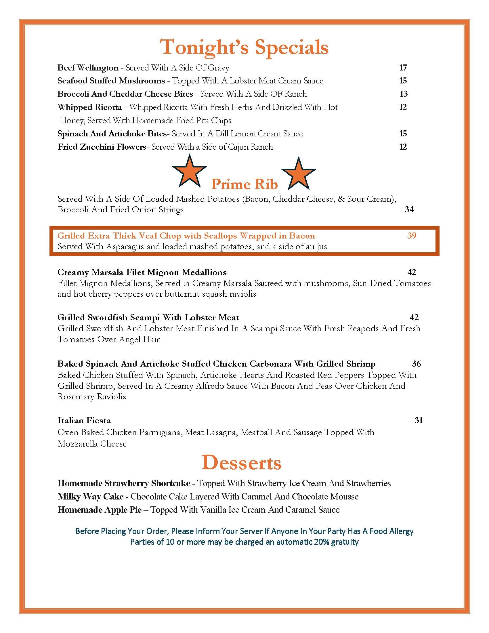 A menu for a restaurant called soup of the day appetizers