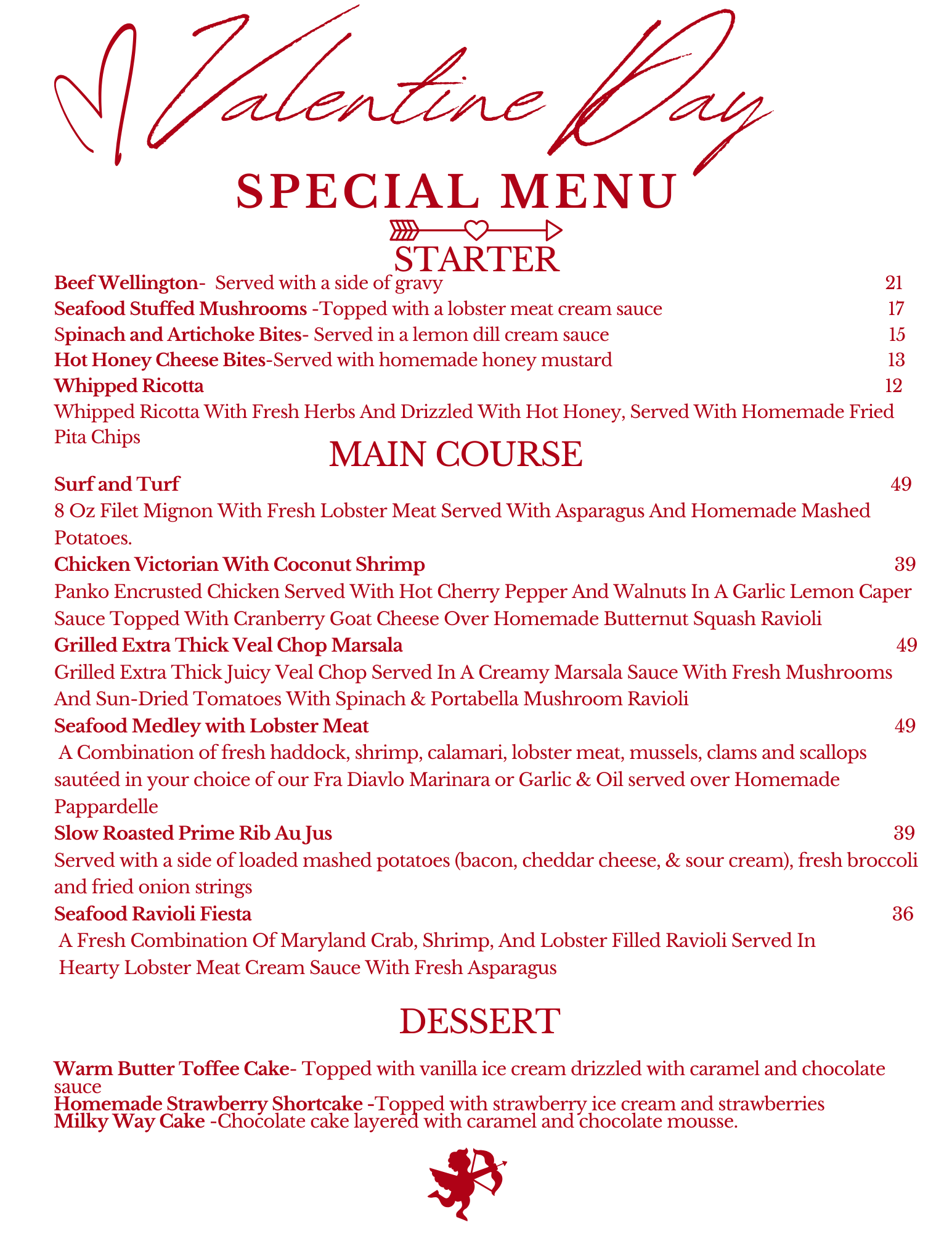 A valentine 's day special menu for a restaurant