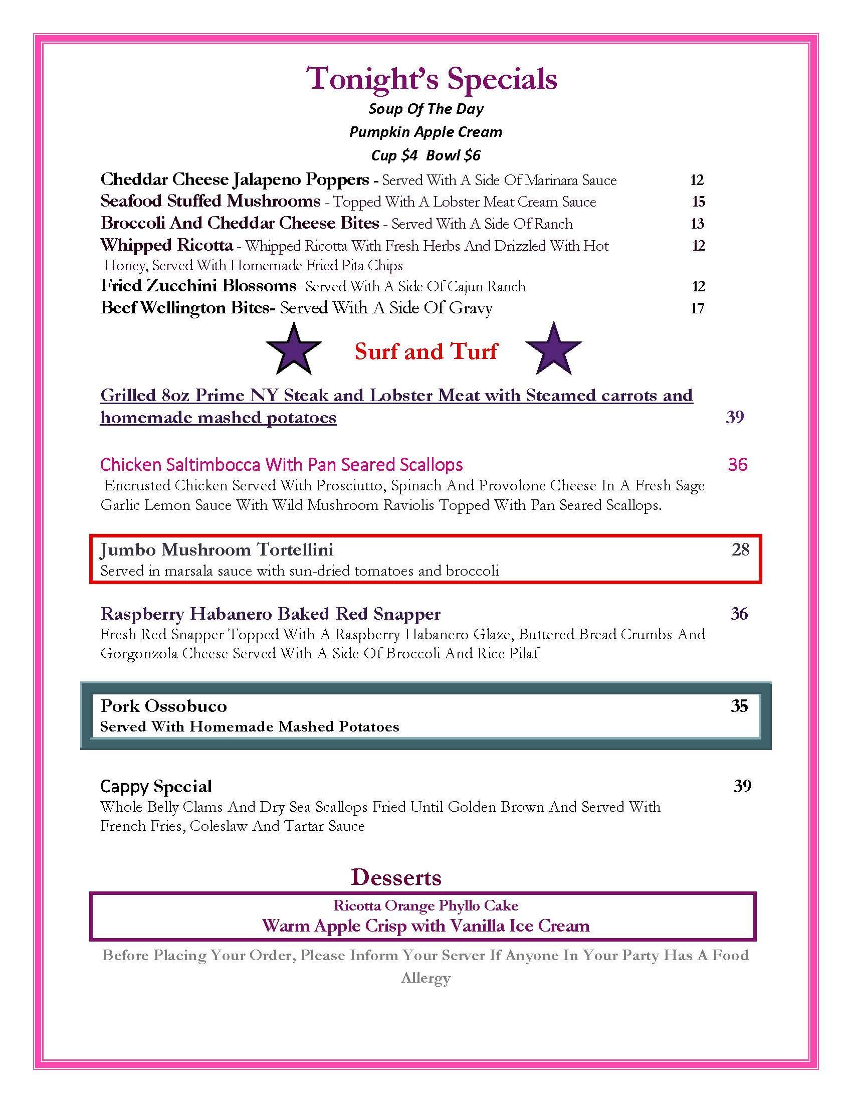 A menu for a restaurant called soup of the day appetizers