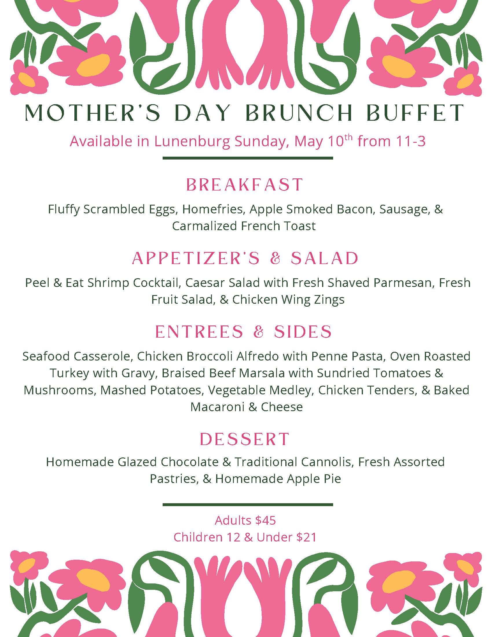 Mother’s Day brunch buffet menu with pink flower borders, detailing meal courses, date, time, and pricing information.