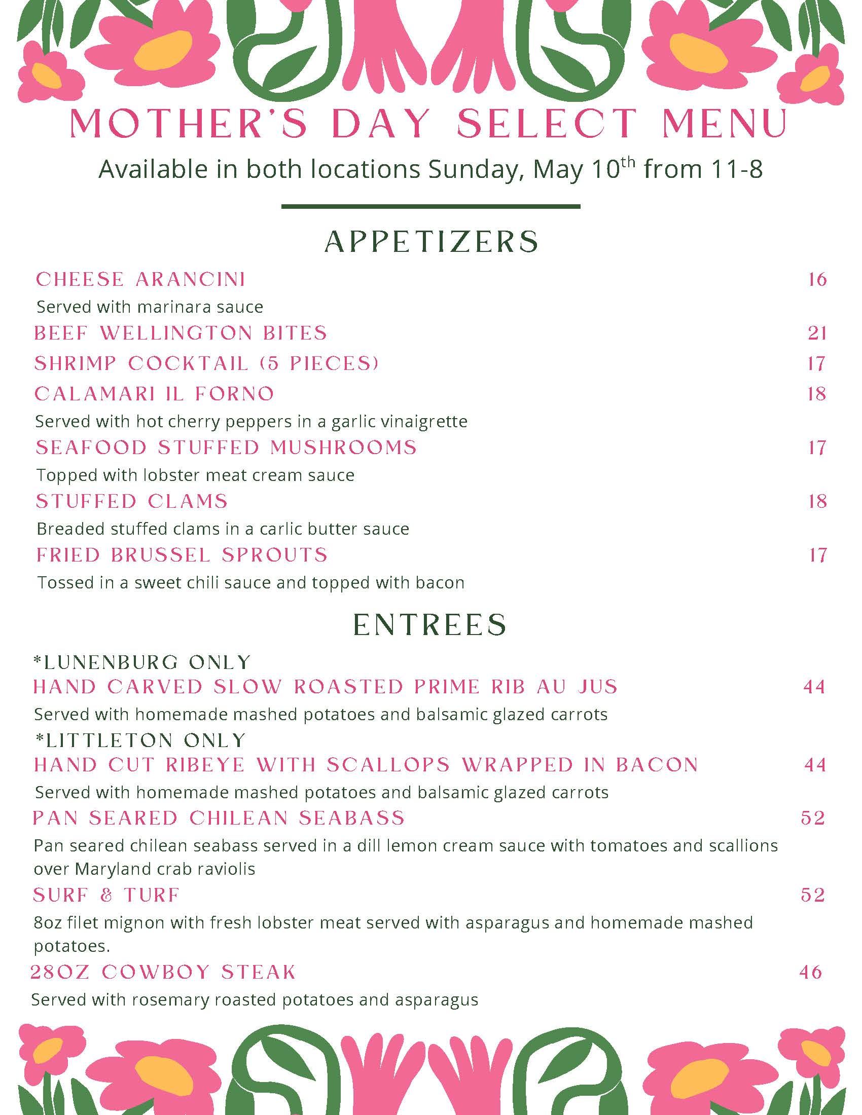 Mother's Day select menu on a white background with pink floral borders, listing various appetizers and entrees with prices.