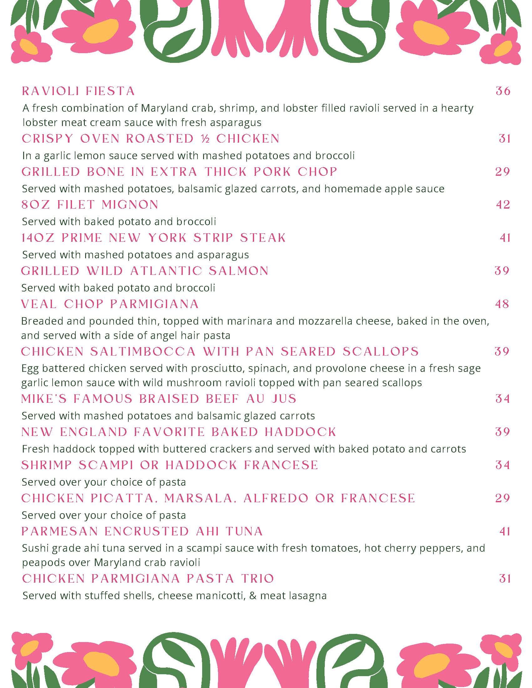A restaurant menu list of entrees decorated with pink flower illustrations at the top and bottom.