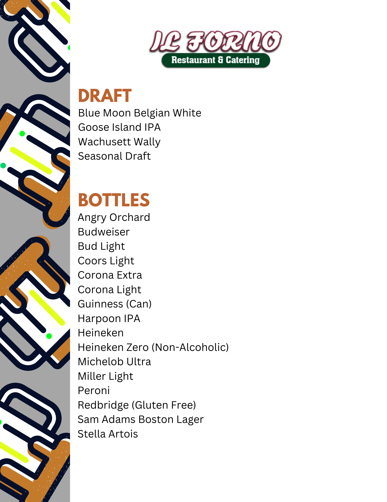 A menu for a restaurant with a list of draft bottles.