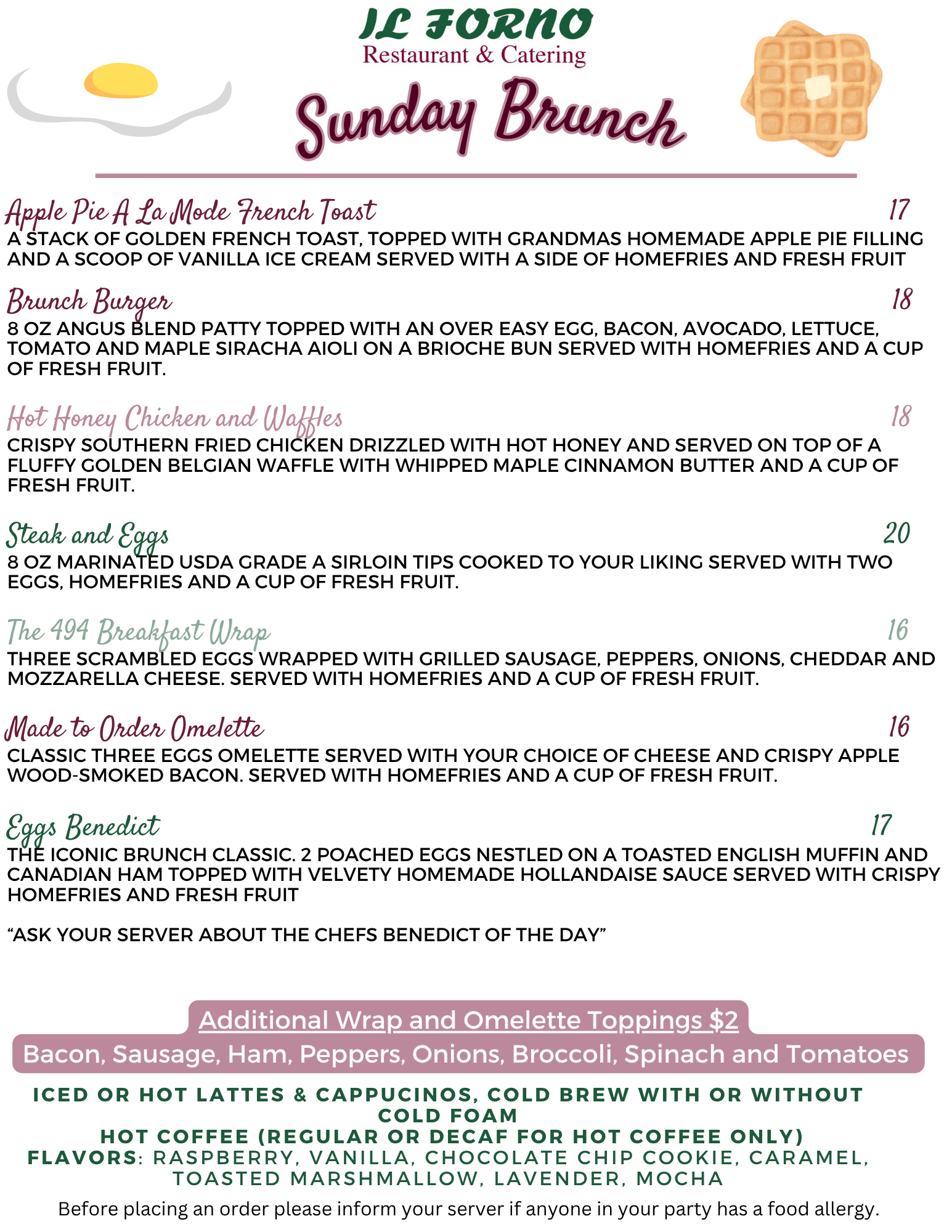 Brunch menu for a restaurant with white text on a light background, list of dishes and prices.