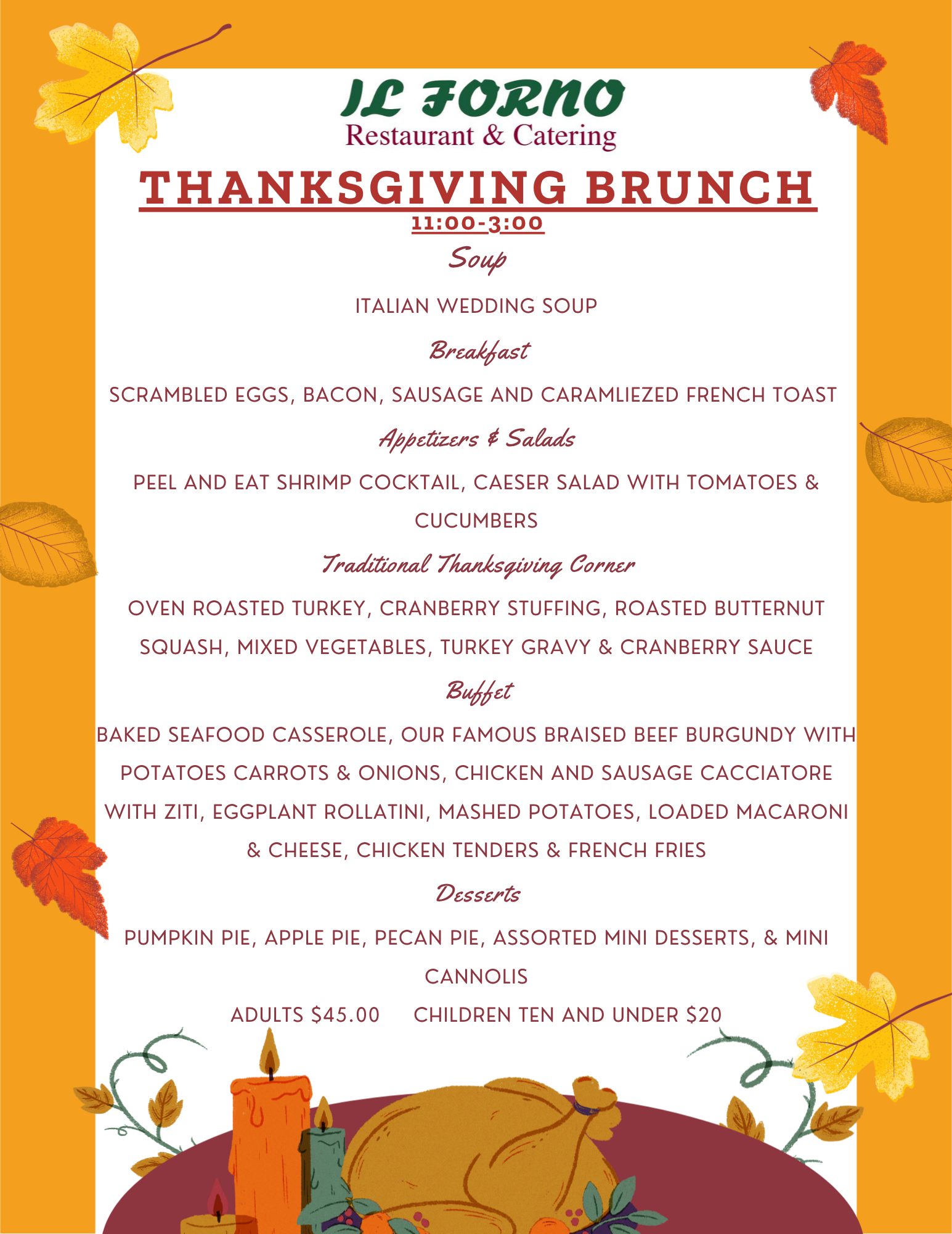 Thanksgiving brunch menu: dishes listed with prices; pumpkin pie, candle, and turkey graphic.