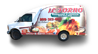 A white van with the word il forno on the side.