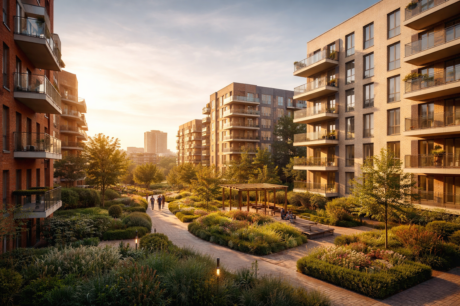 A bright living room with two beige sofas, a glass coffee table, floor-to-ceiling windows, and a tall indoor plant.