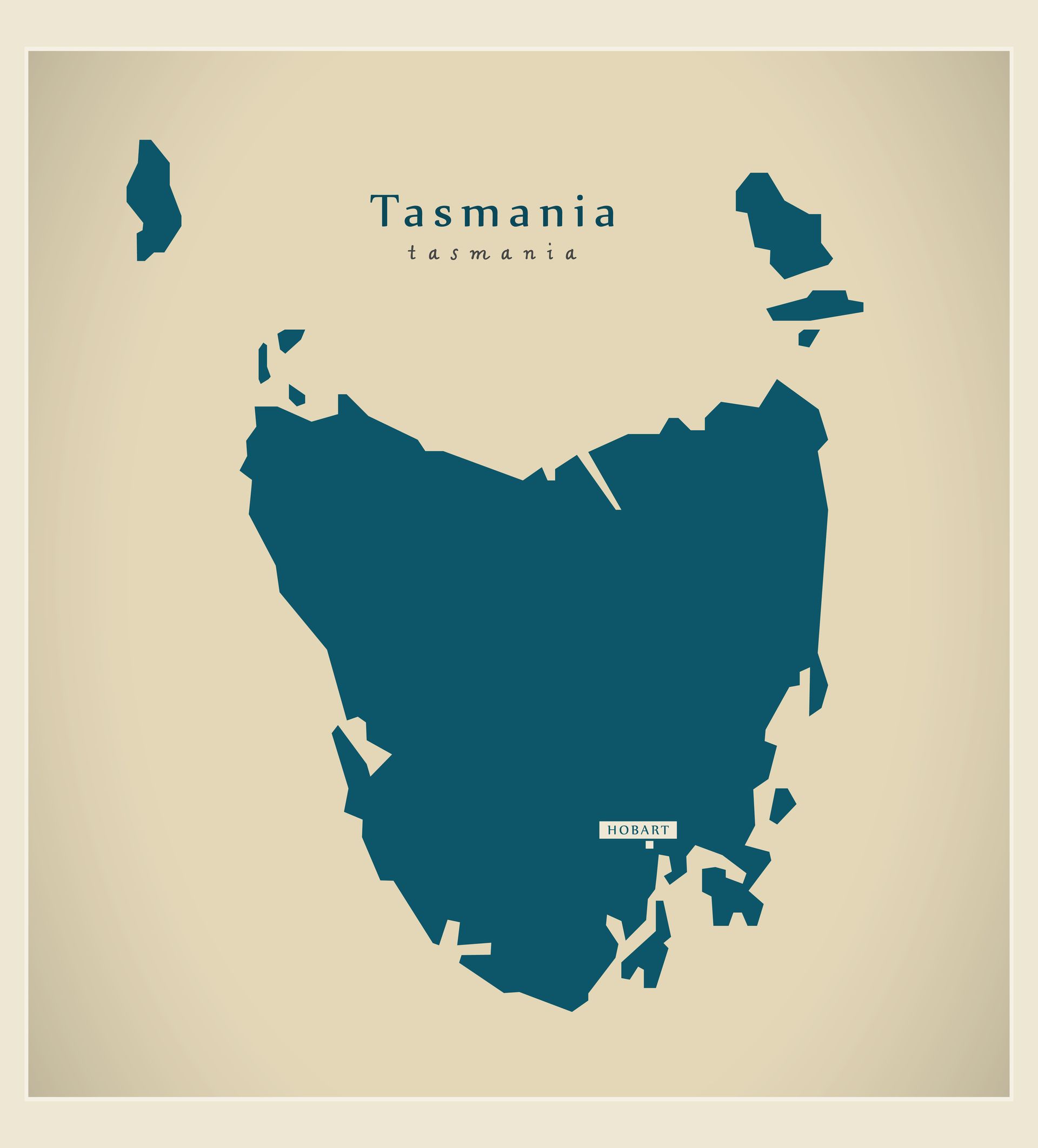 Map of Tasmania, Australia, in teal against a tan background, with Hobart labeled. Map of Tasmania, Australia, in teal against a tan background, with Hobart labeled.